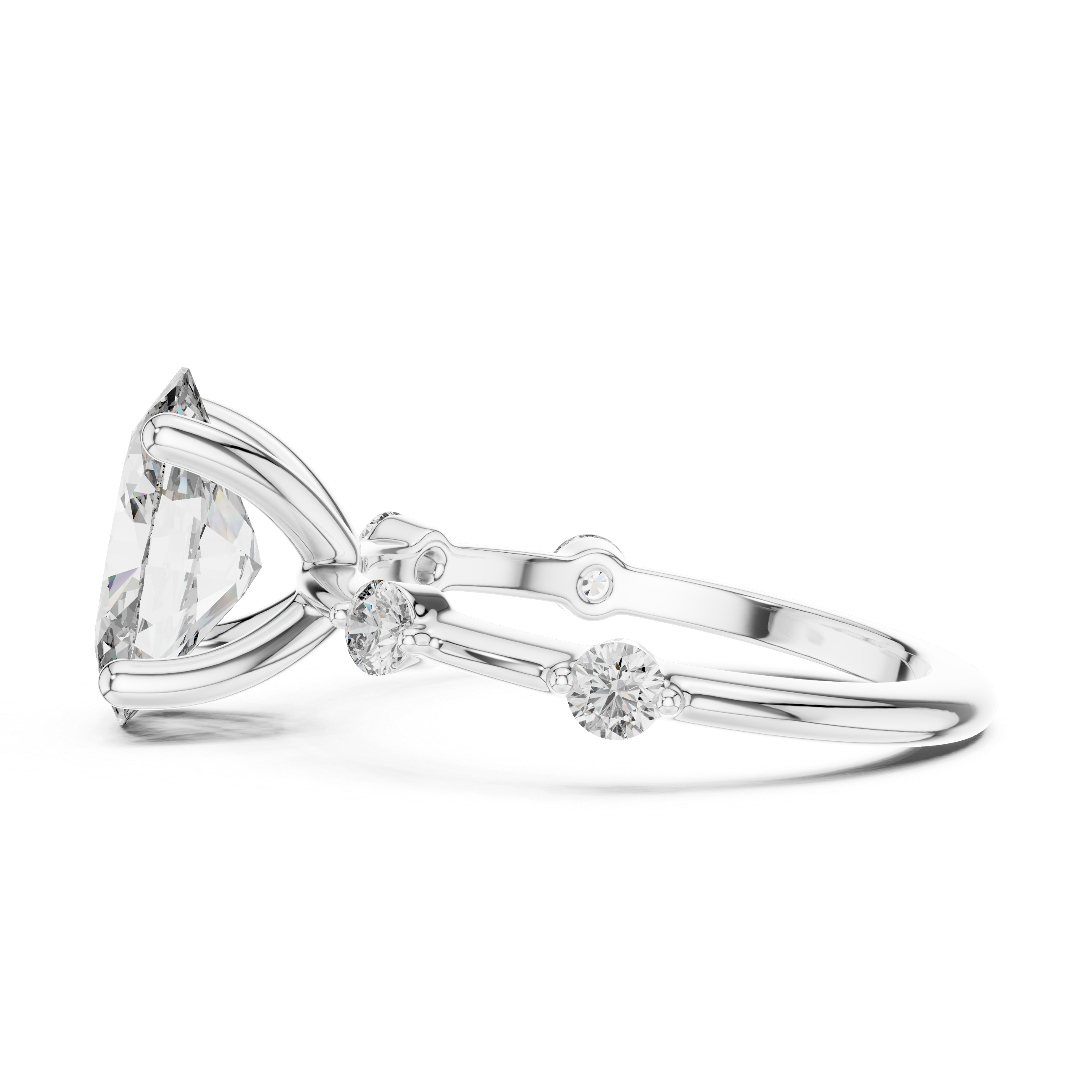Diamond ring with a trapezoid-shaped center stone on a white background