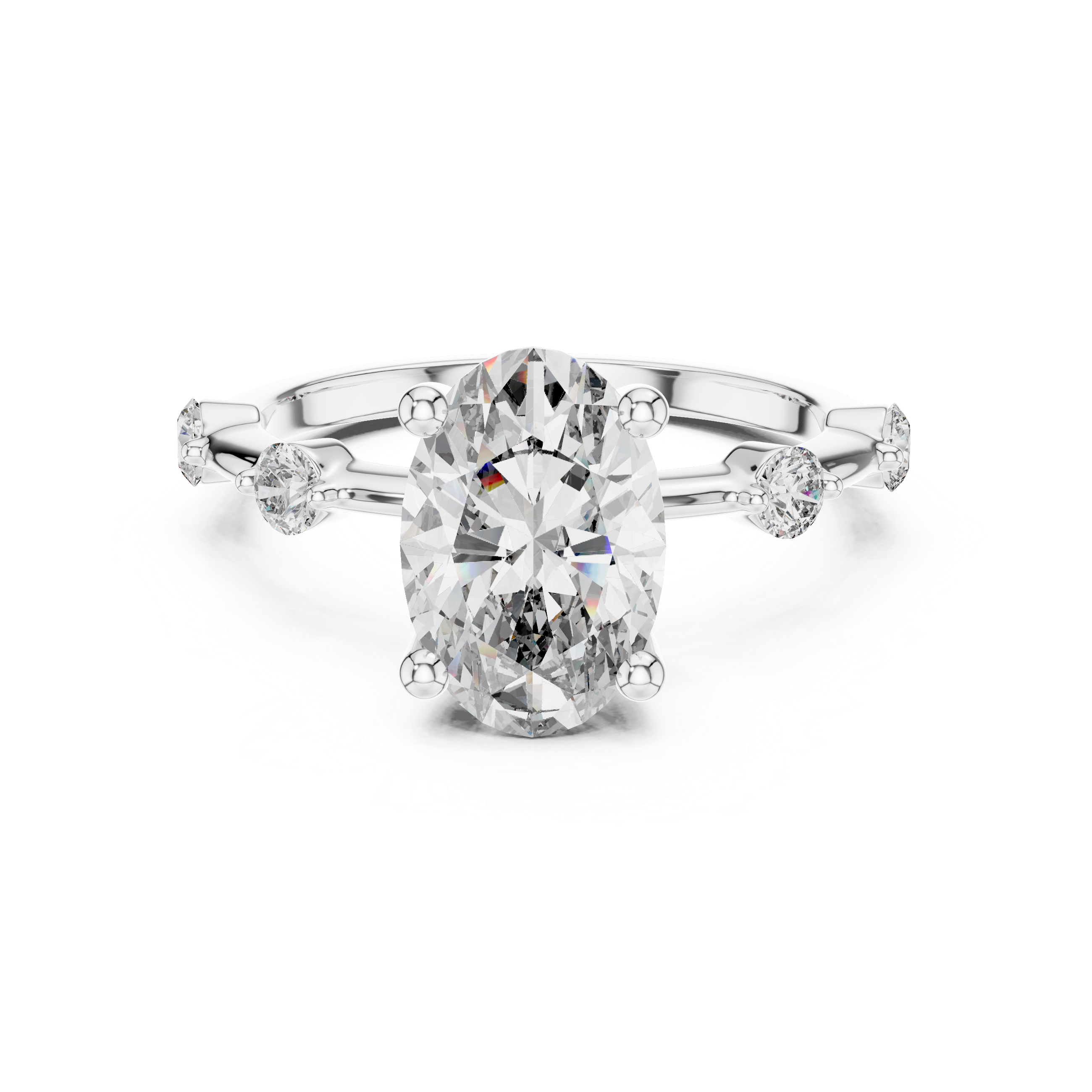Silver ring with a large central diamond and smaller diamonds on the sides against a white background