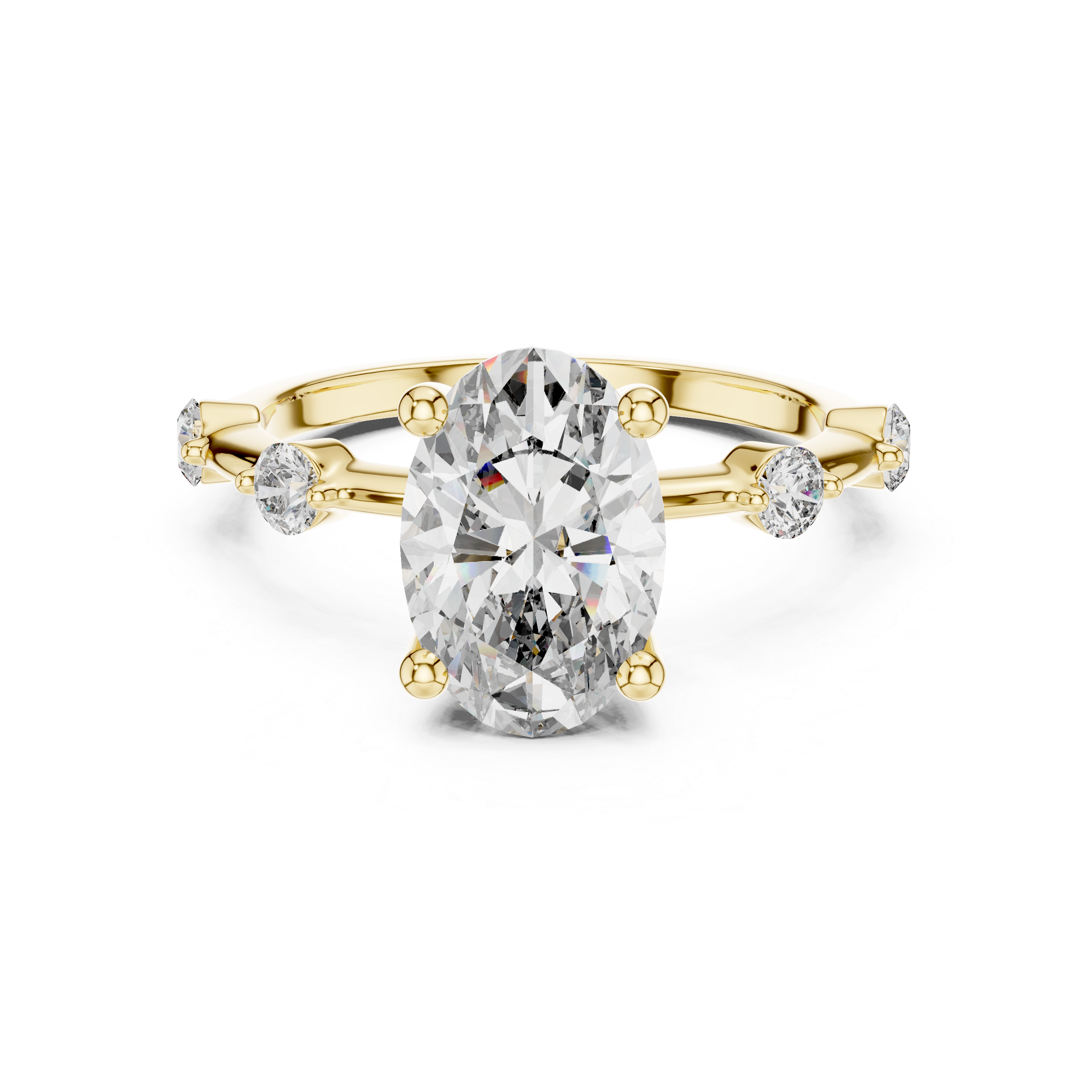 Gold ring with a large central diamond and smaller diamonds on a white background