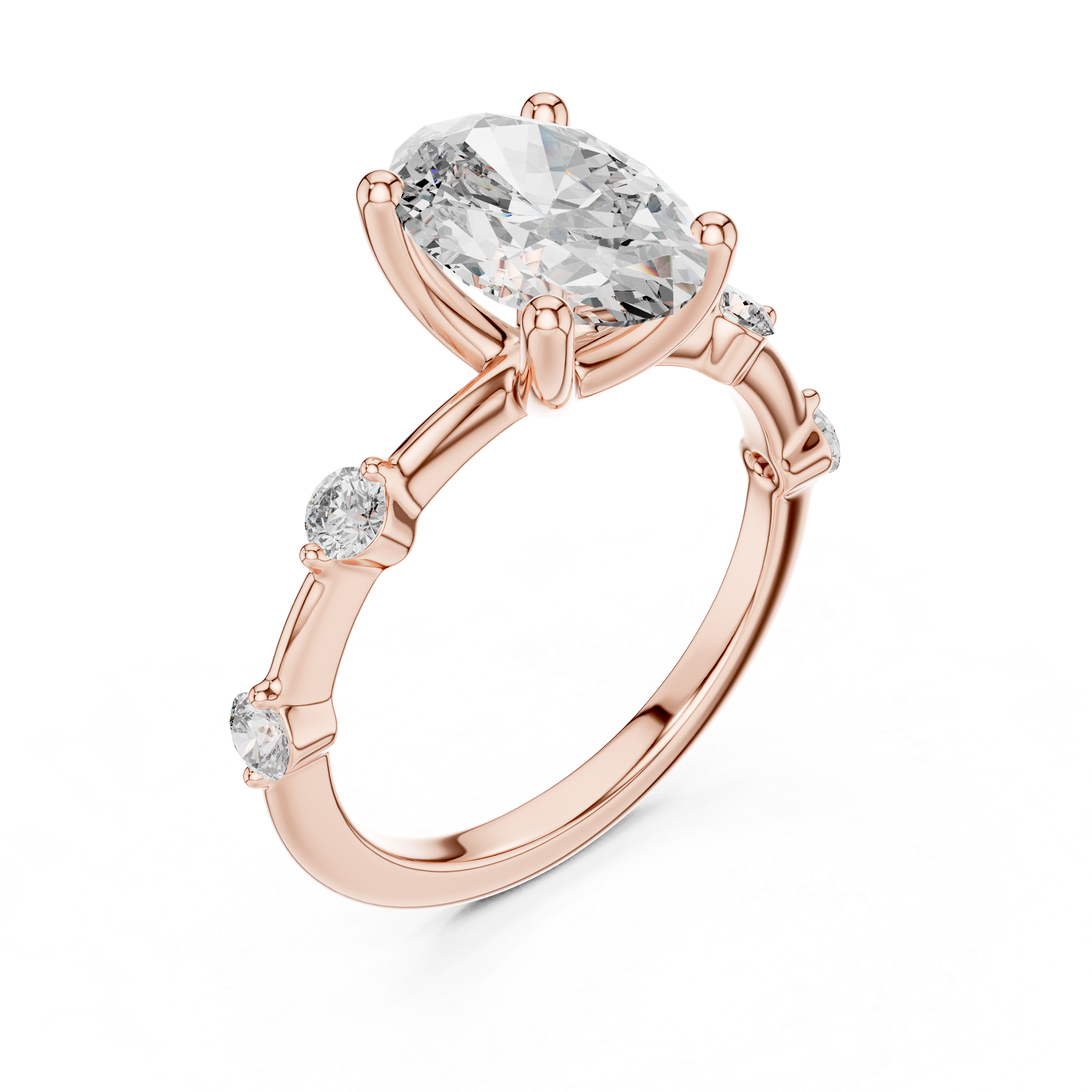 Rose gold ring with a large diamond and smaller diamonds on a white background