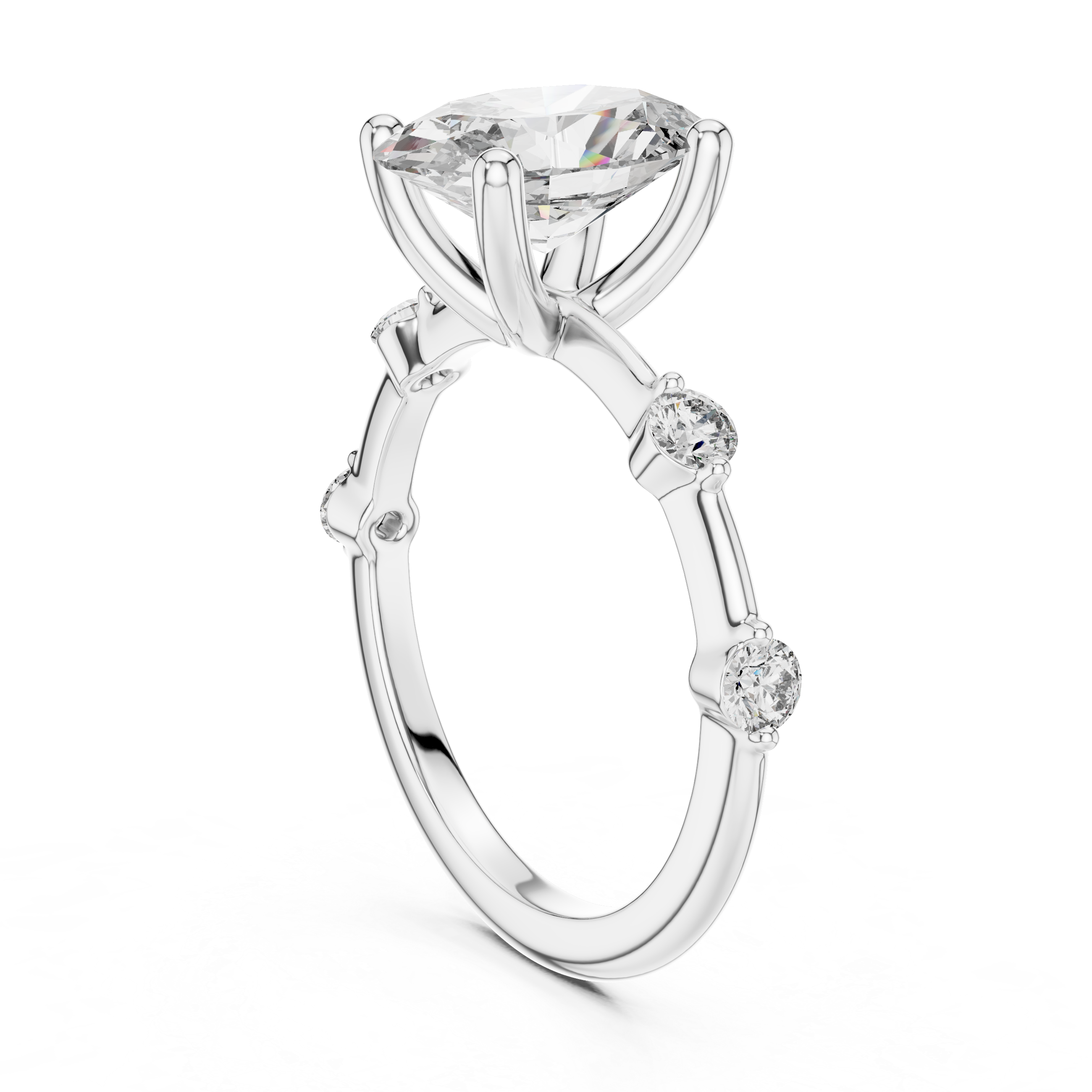 Diamond ring with three smaller diamonds on a white background