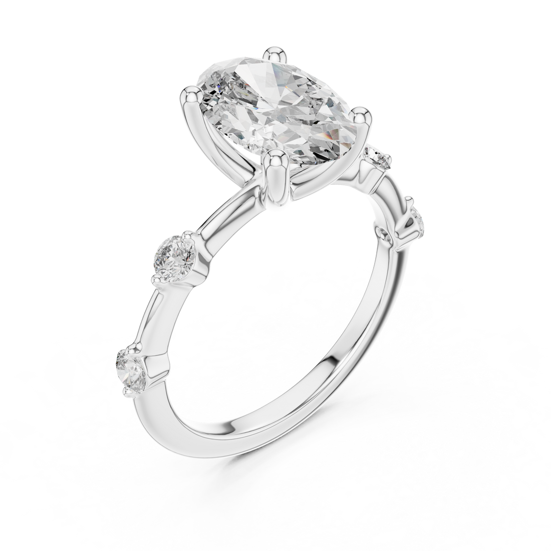 2-CT Oval-Cut Diamond Ring with Bezel-Set Side Stones in 14-KT White Gold