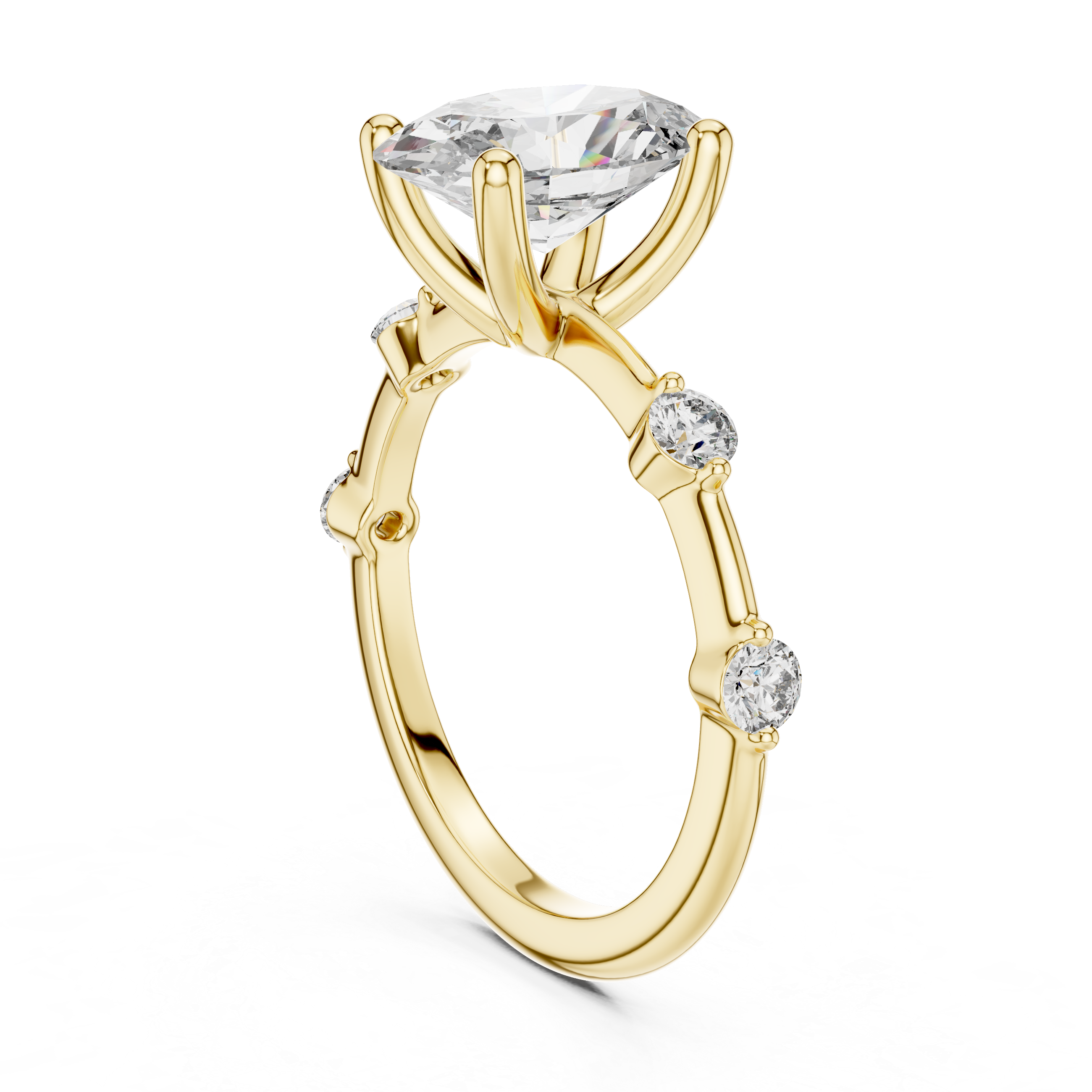 Gold ring with a large central diamond and smaller diamonds on the sides on a white background