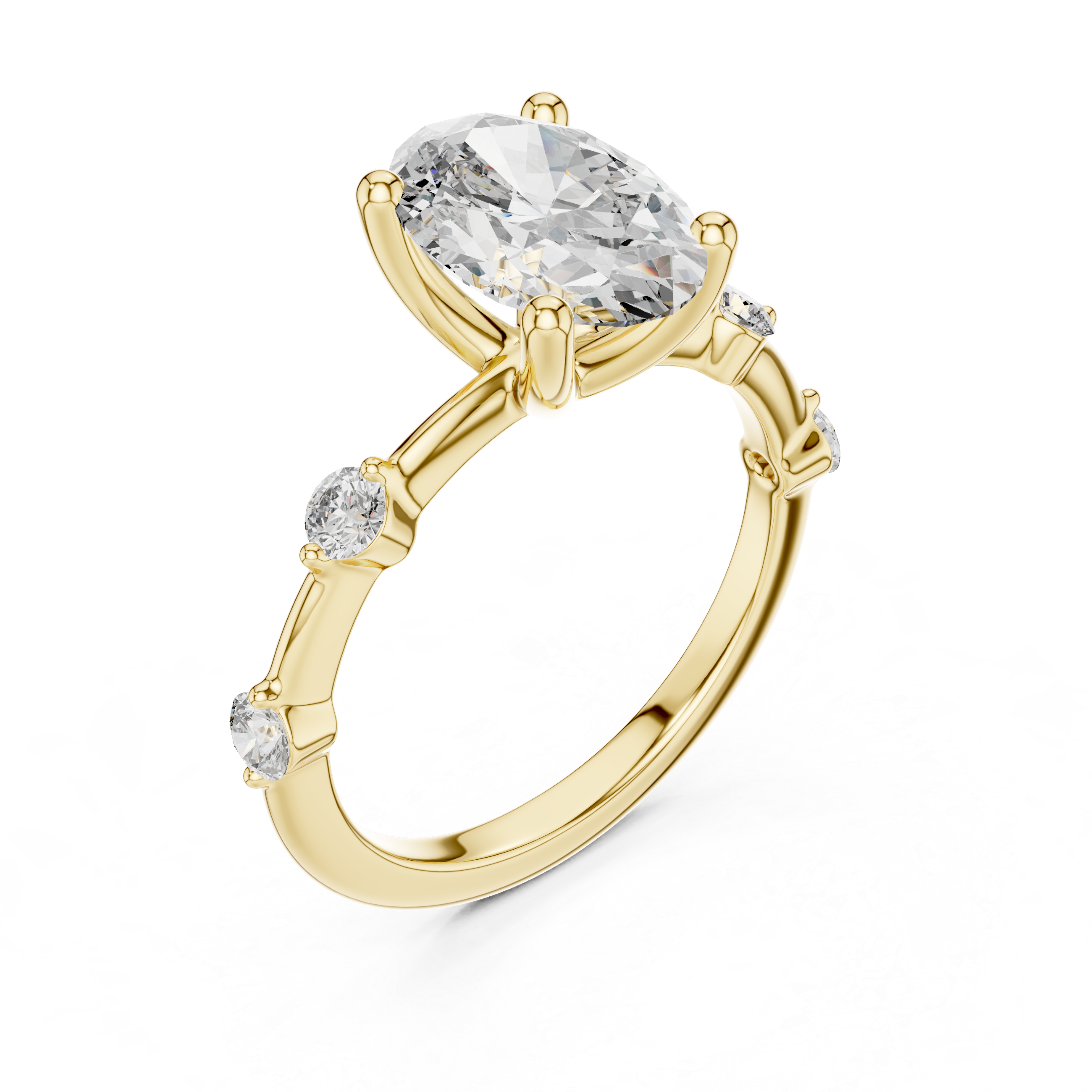 Gold ring with a large central diamond and smaller diamonds on a white background