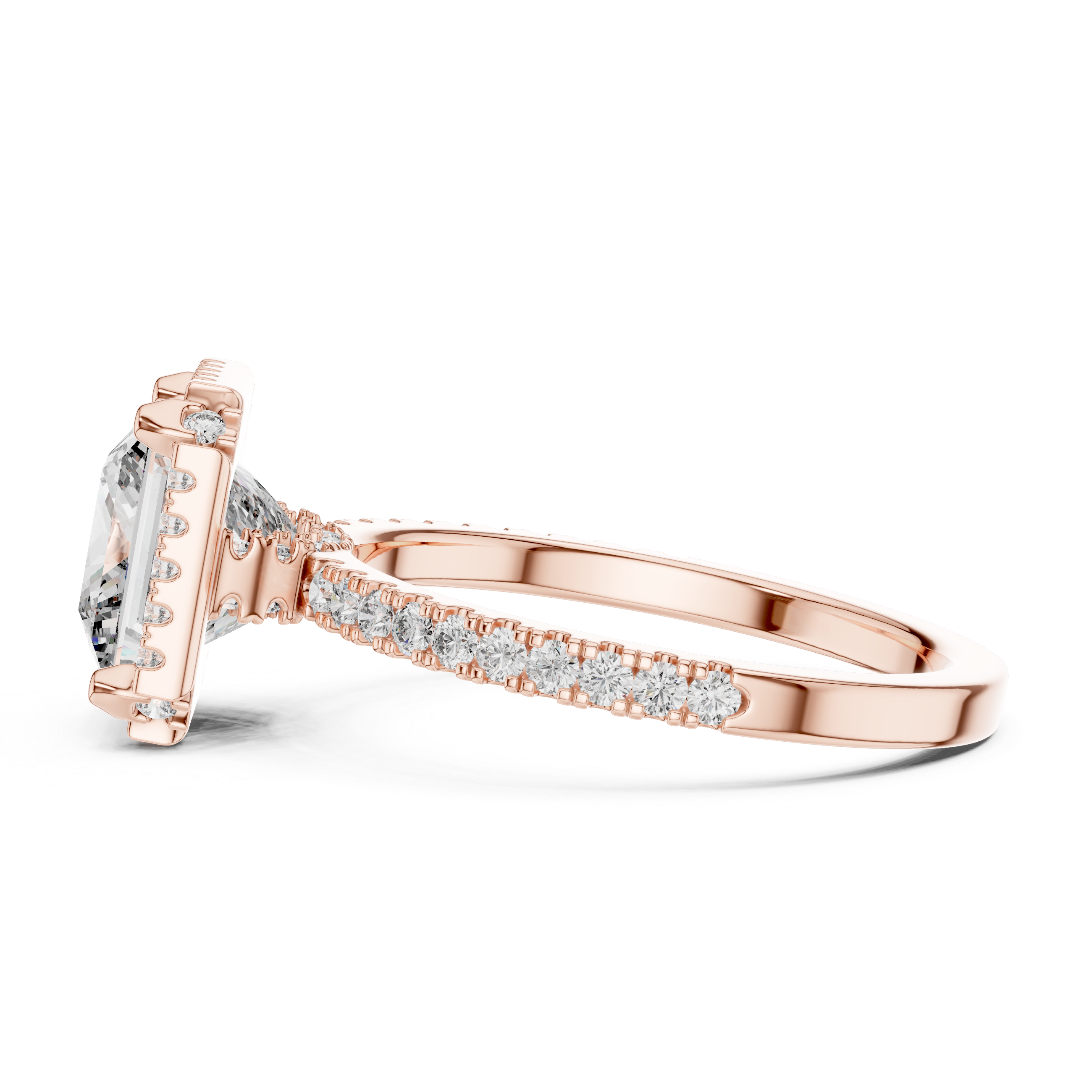 Rose gold ring with diamond accents on a white background