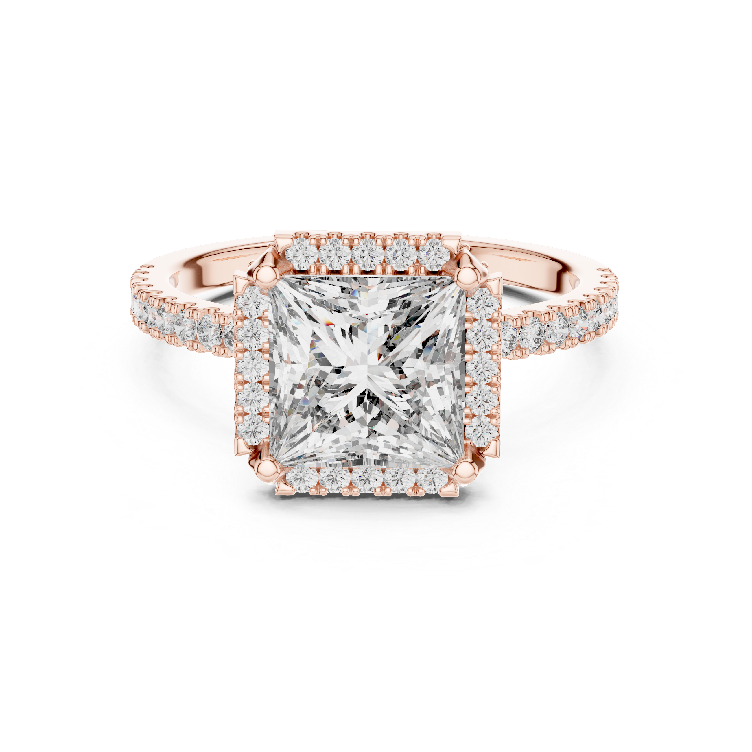 Rose gold ring with a large diamond and smaller diamonds on the band against a white background