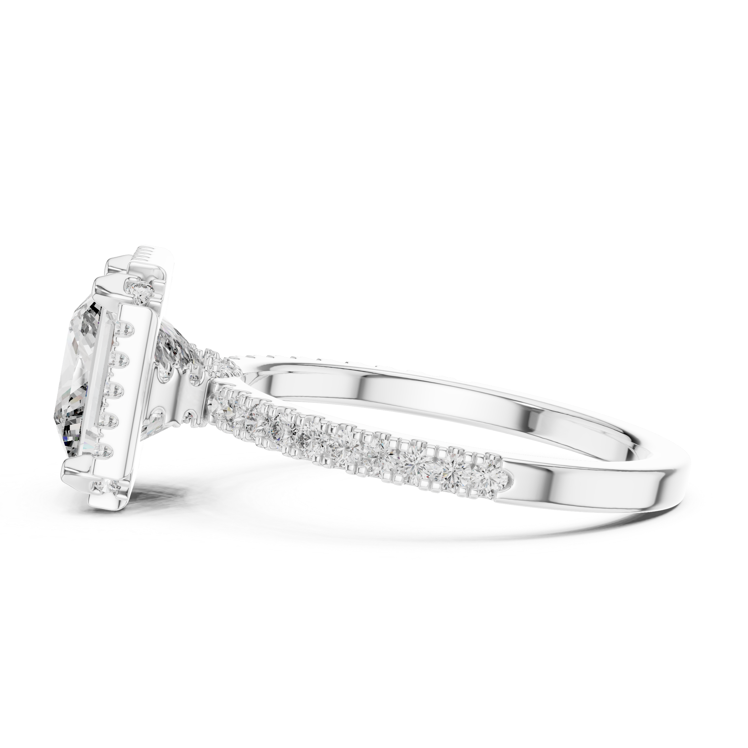 Diamond ring with a rectangular center stone on a white background
