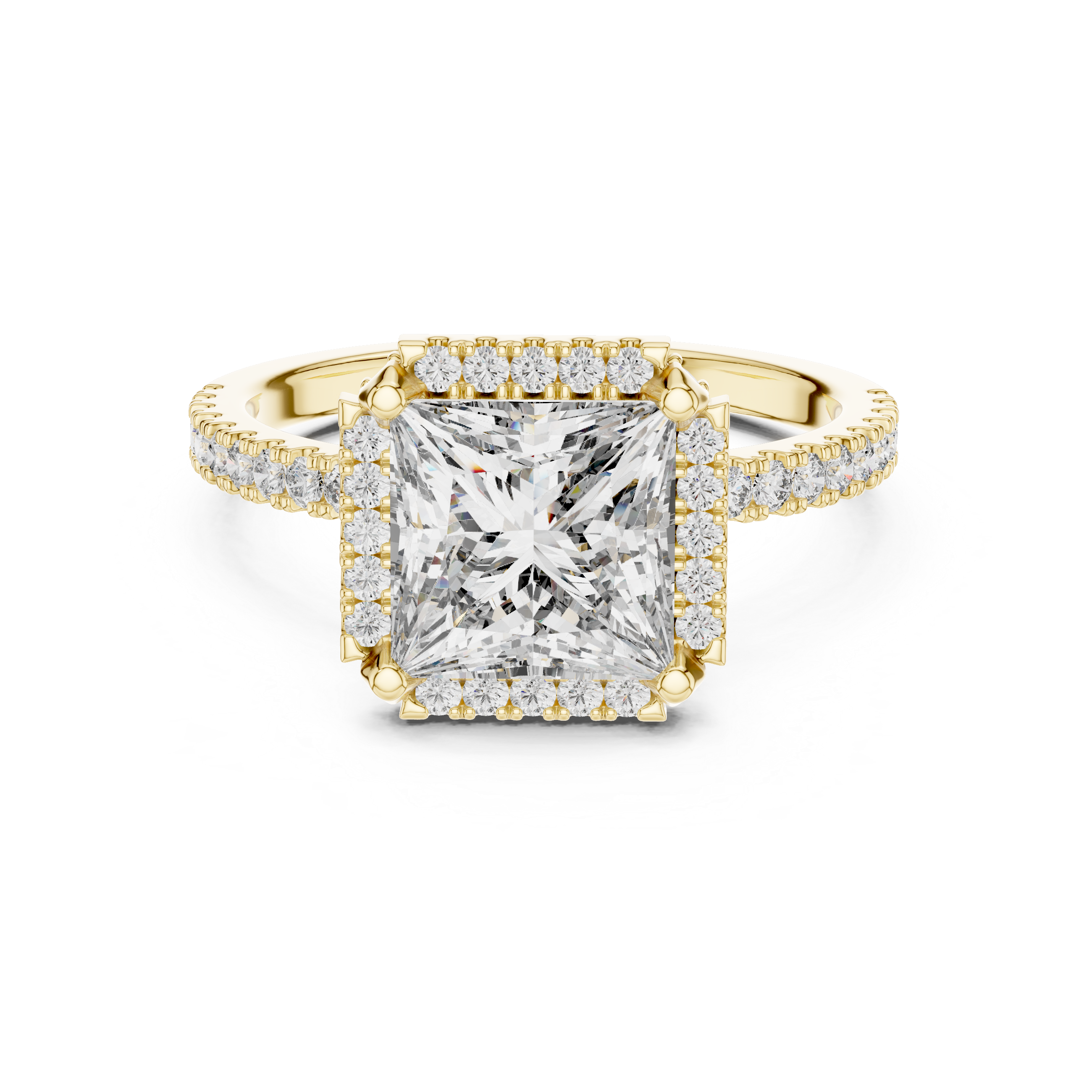 Gold ring with a large diamond and smaller diamonds on the band against a white background
