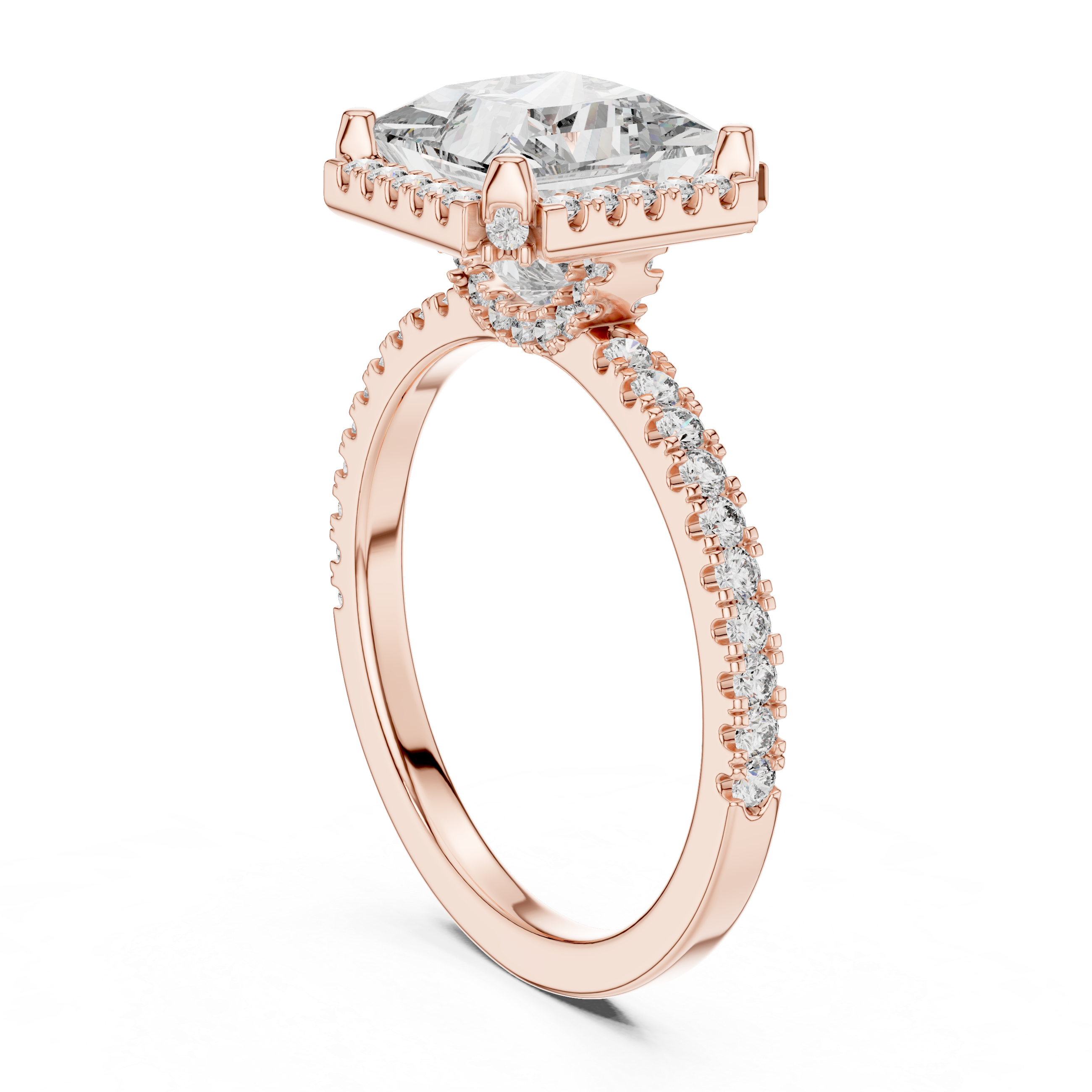 Rose gold ring with a large diamond and smaller diamonds on the band against a white background