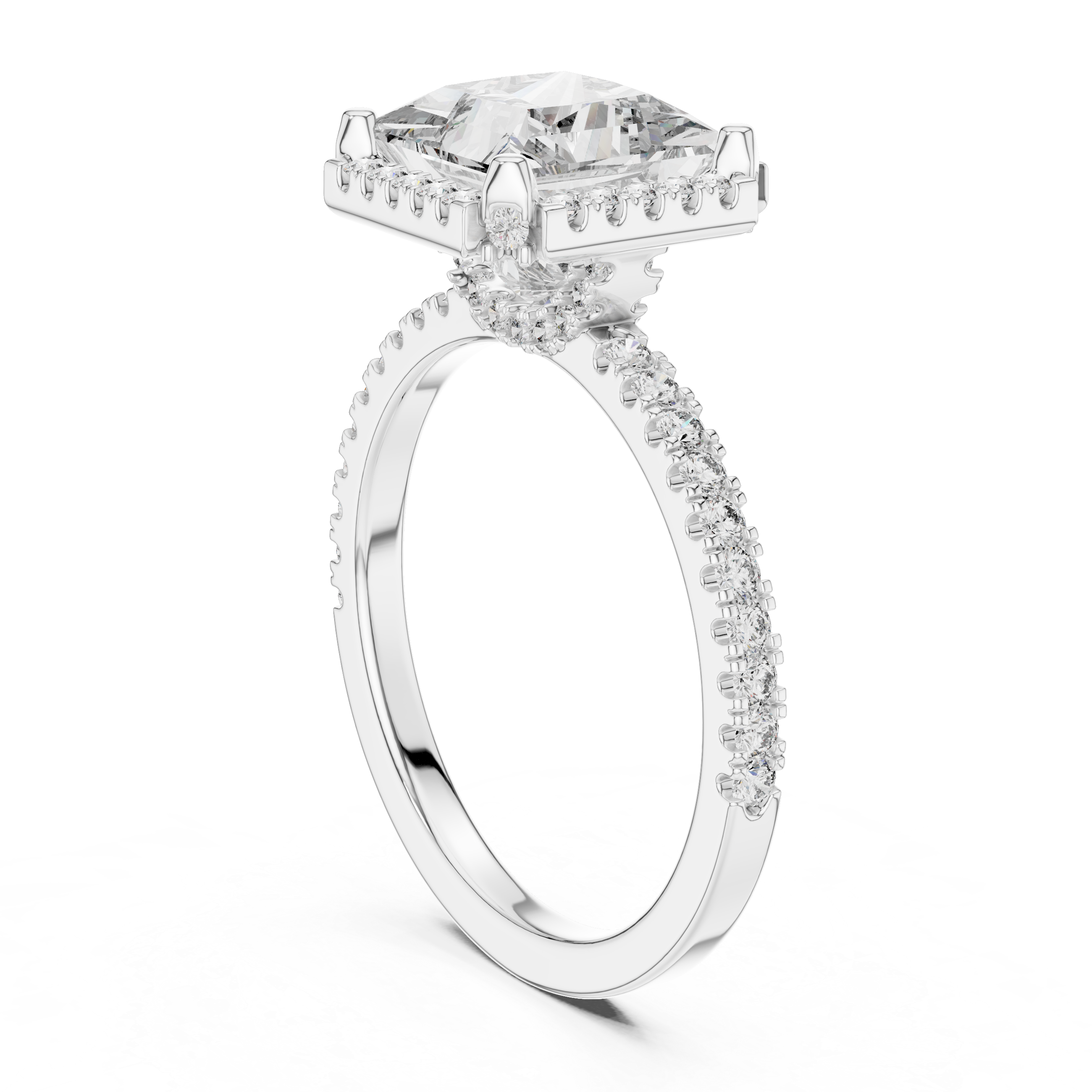 Diamond ring with a central gemstone and smaller diamonds on a white background