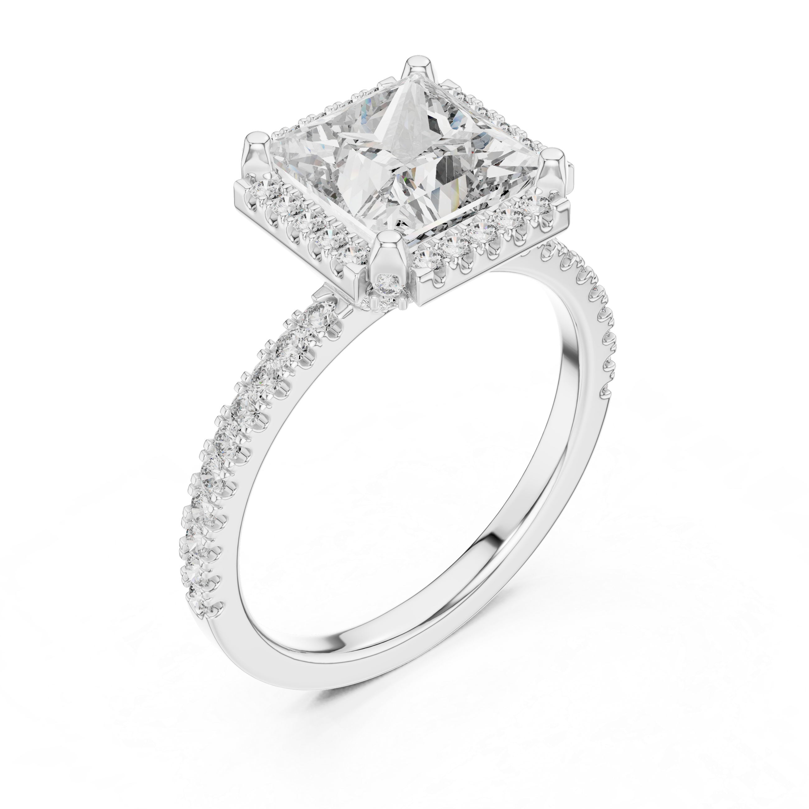 Diamond ring with a central princess-cut diamond and smaller diamonds on the band against a white background
