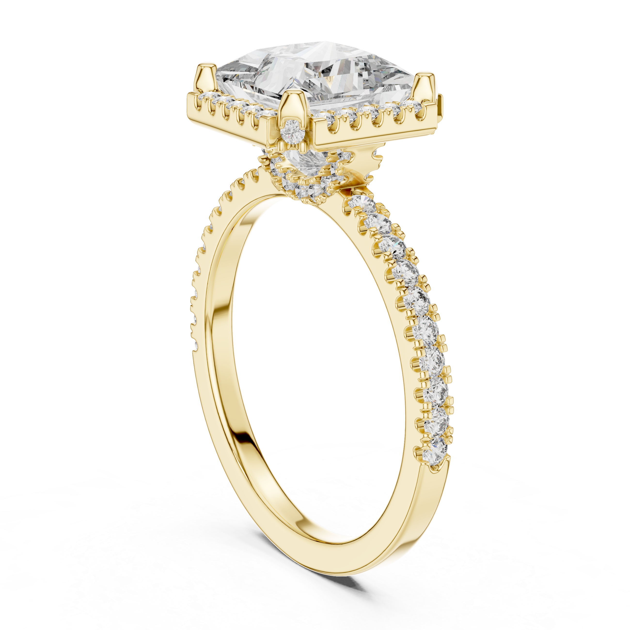 Gold ring with a large diamond and smaller diamonds on the band against a white background