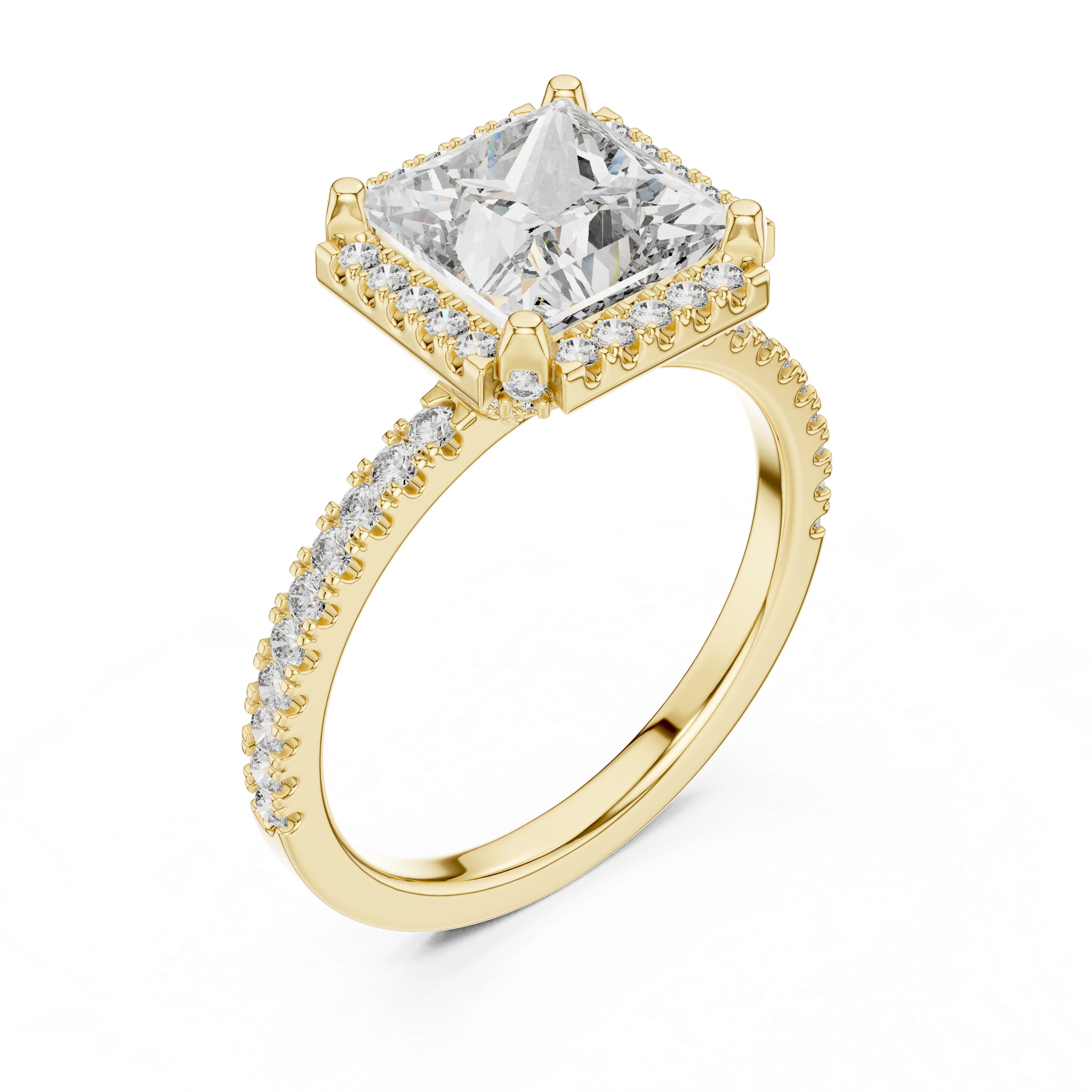 Gold ring with a large central diamond and smaller diamonds on the band against a white background