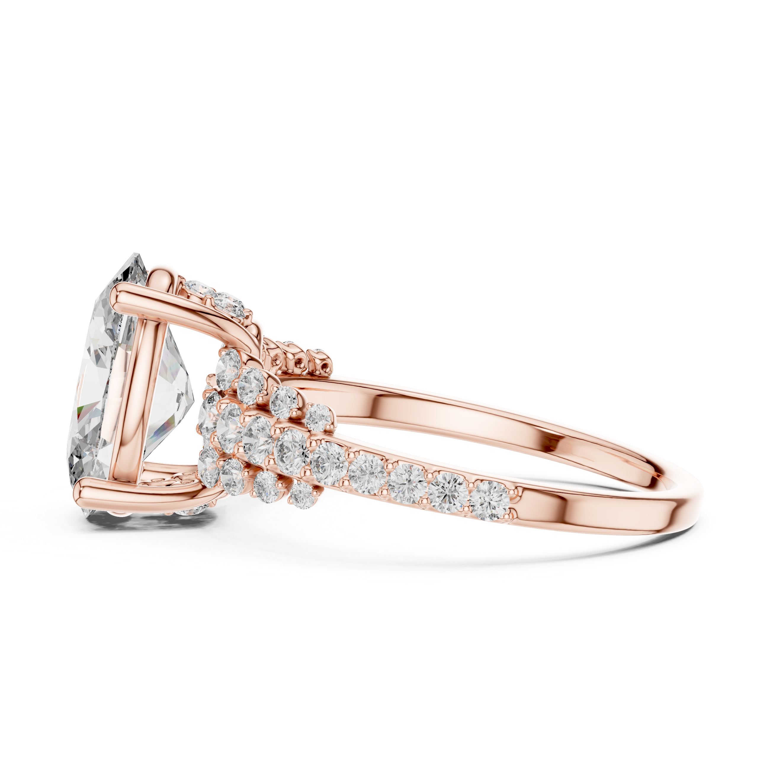 Rose gold ring with a large diamond and smaller diamonds on a white background