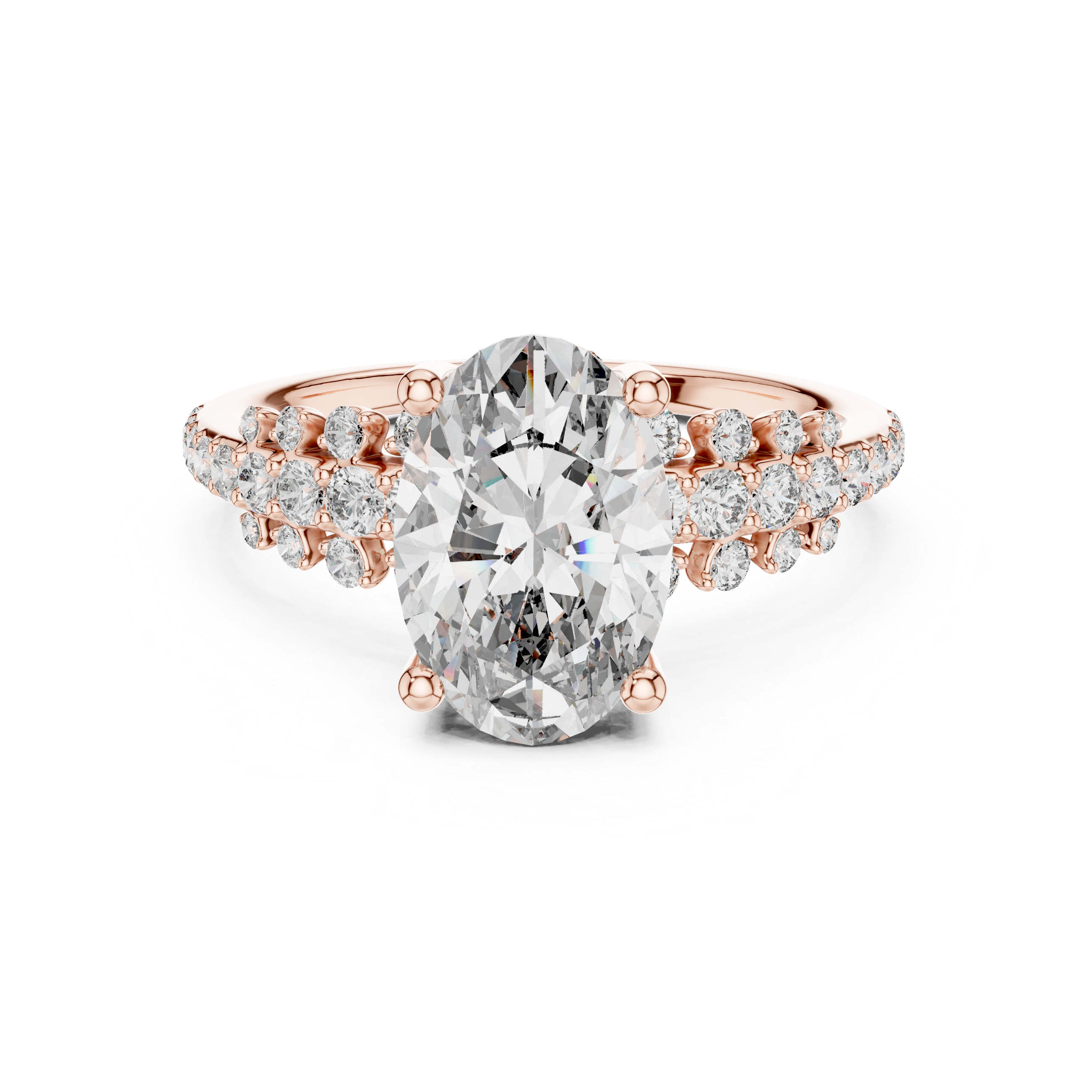 Rose gold ring with a large diamond and smaller diamonds on the band against a white background