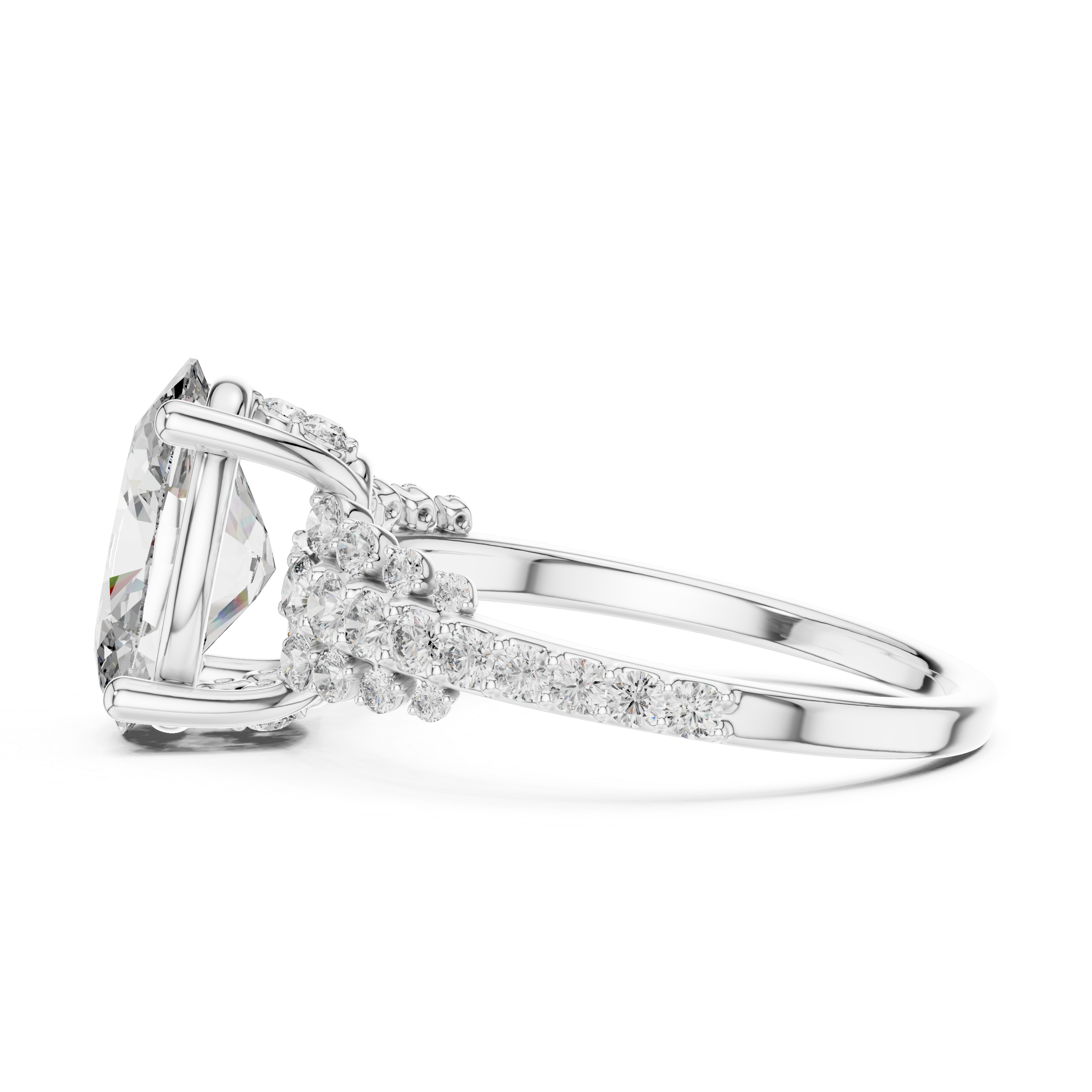 Diamond ring with a large emerald-cut center stone and smaller diamonds on a white background