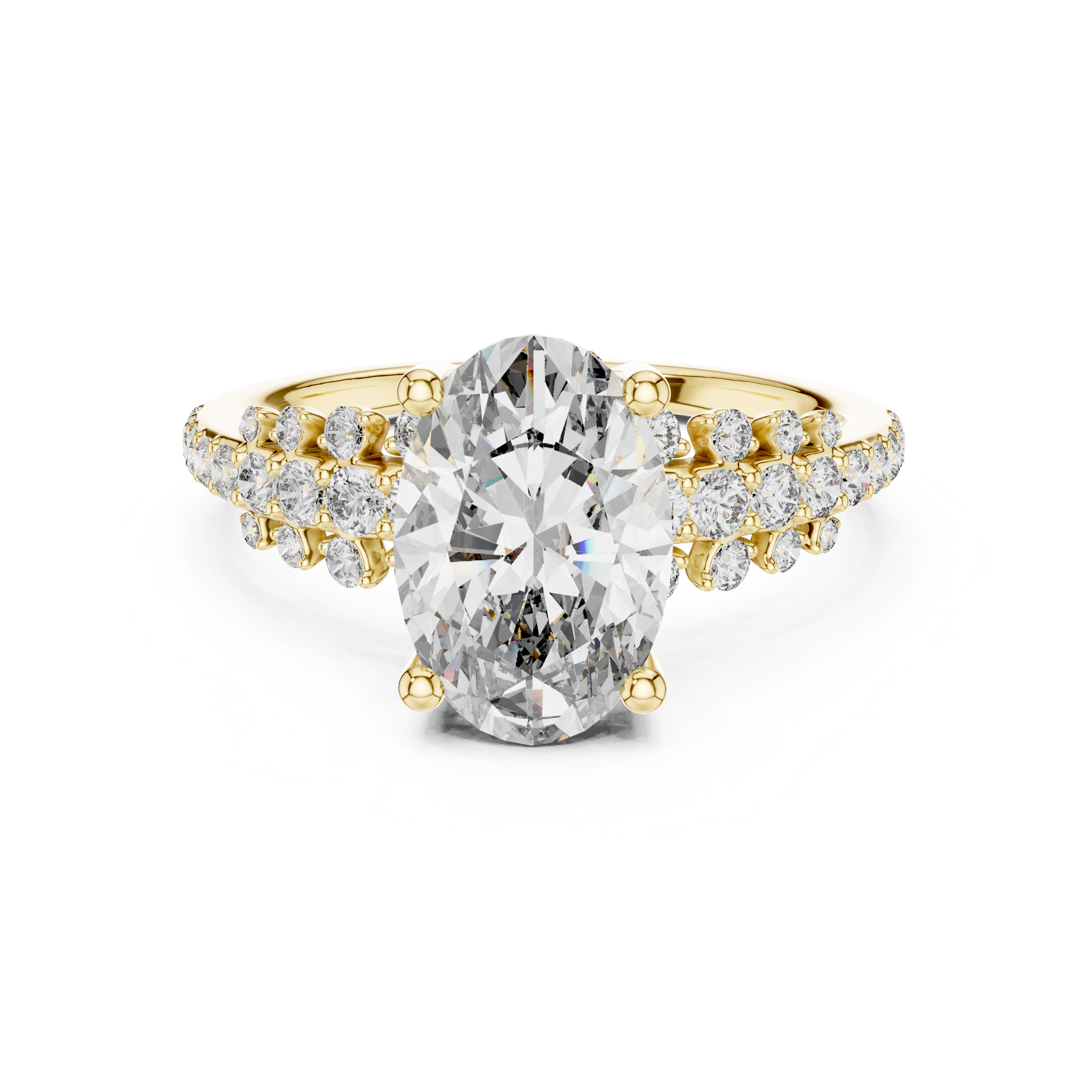 Gold ring with a large diamond and smaller diamonds on the band against a white background