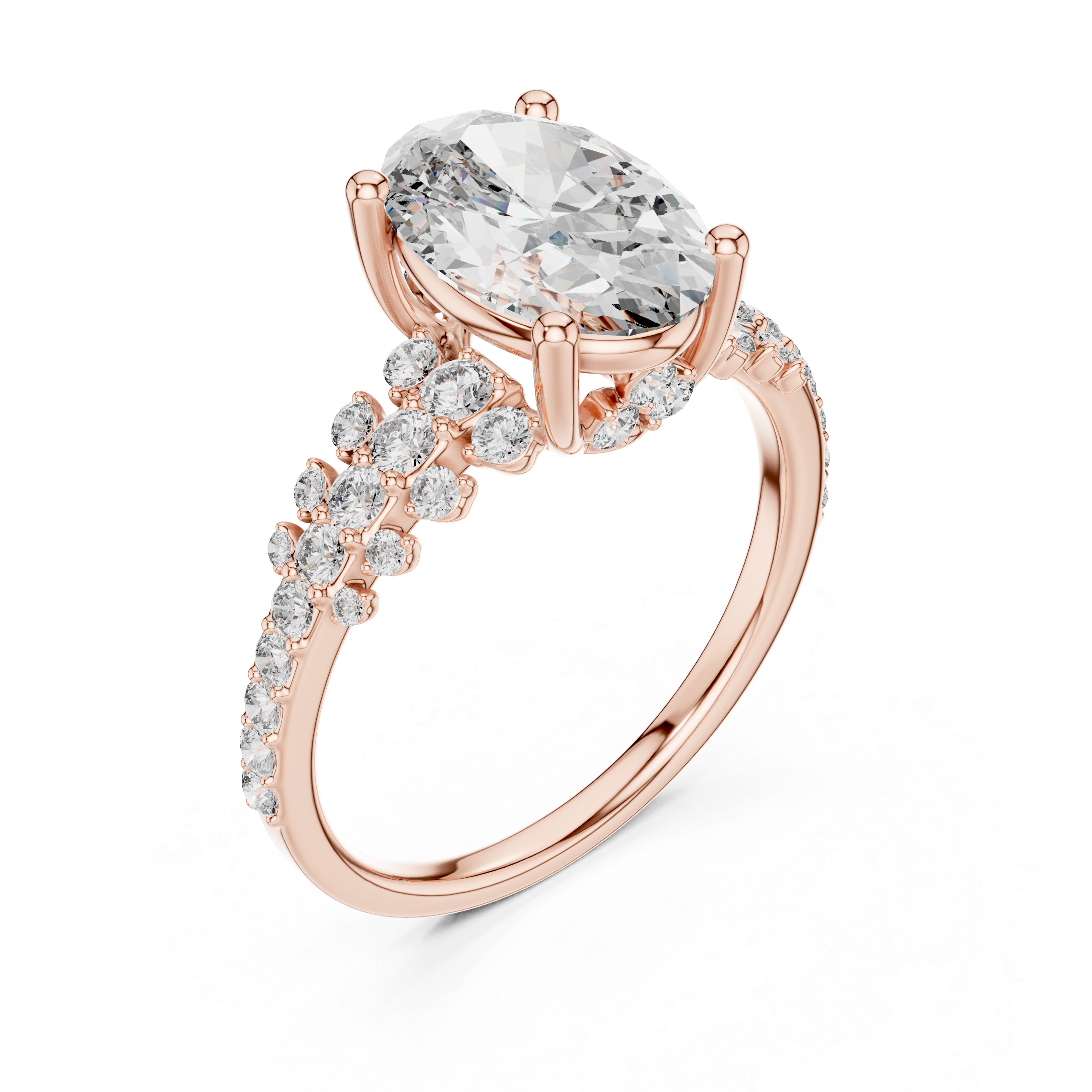 Rose gold ring with a large diamond and smaller diamonds on the band against a white background