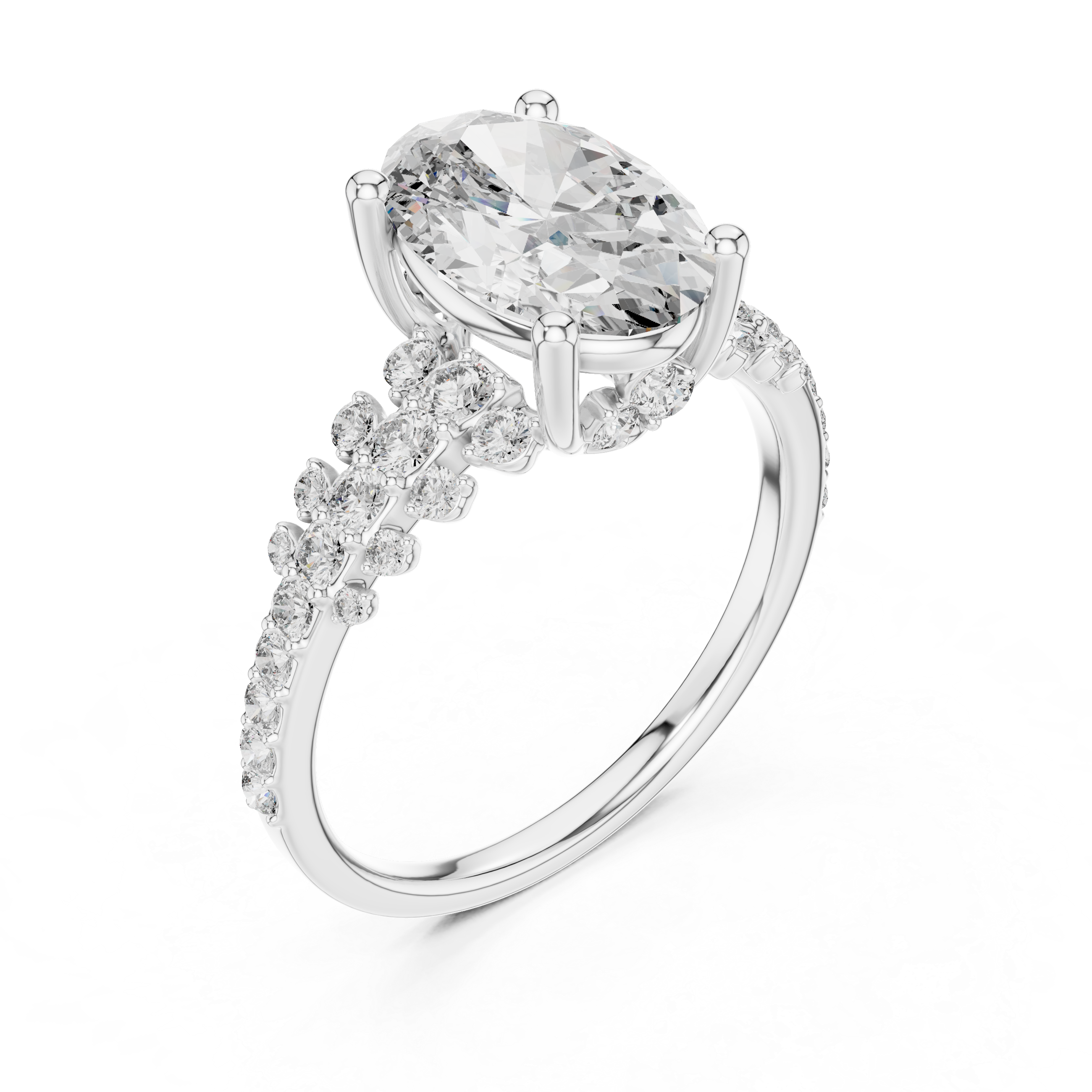Diamond ring with a large central gemstone and smaller stones on a white background
