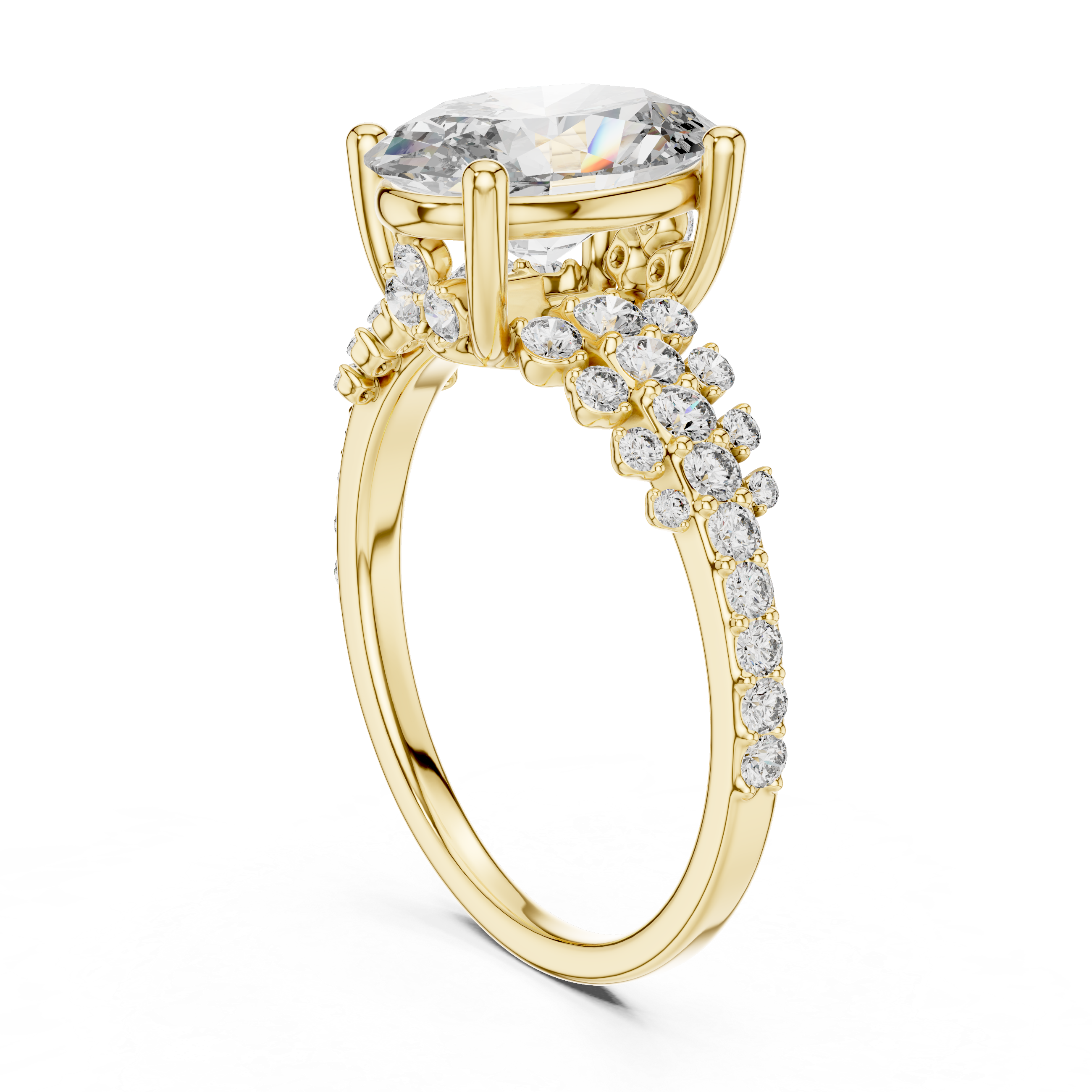 Gold ring with a large central diamond and smaller diamonds along the band on a white background