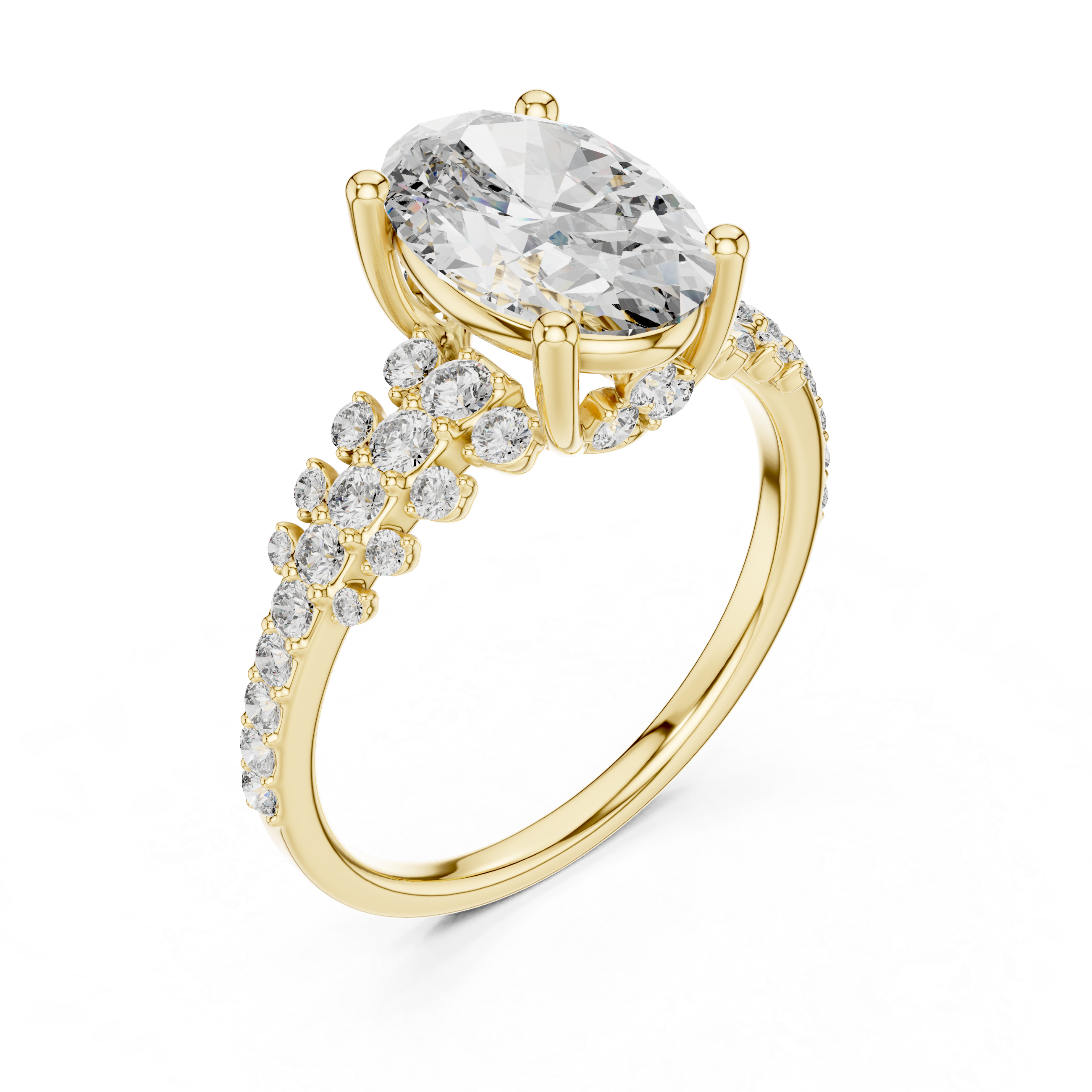 Gold ring with a large diamond and smaller diamonds on the band against a white background