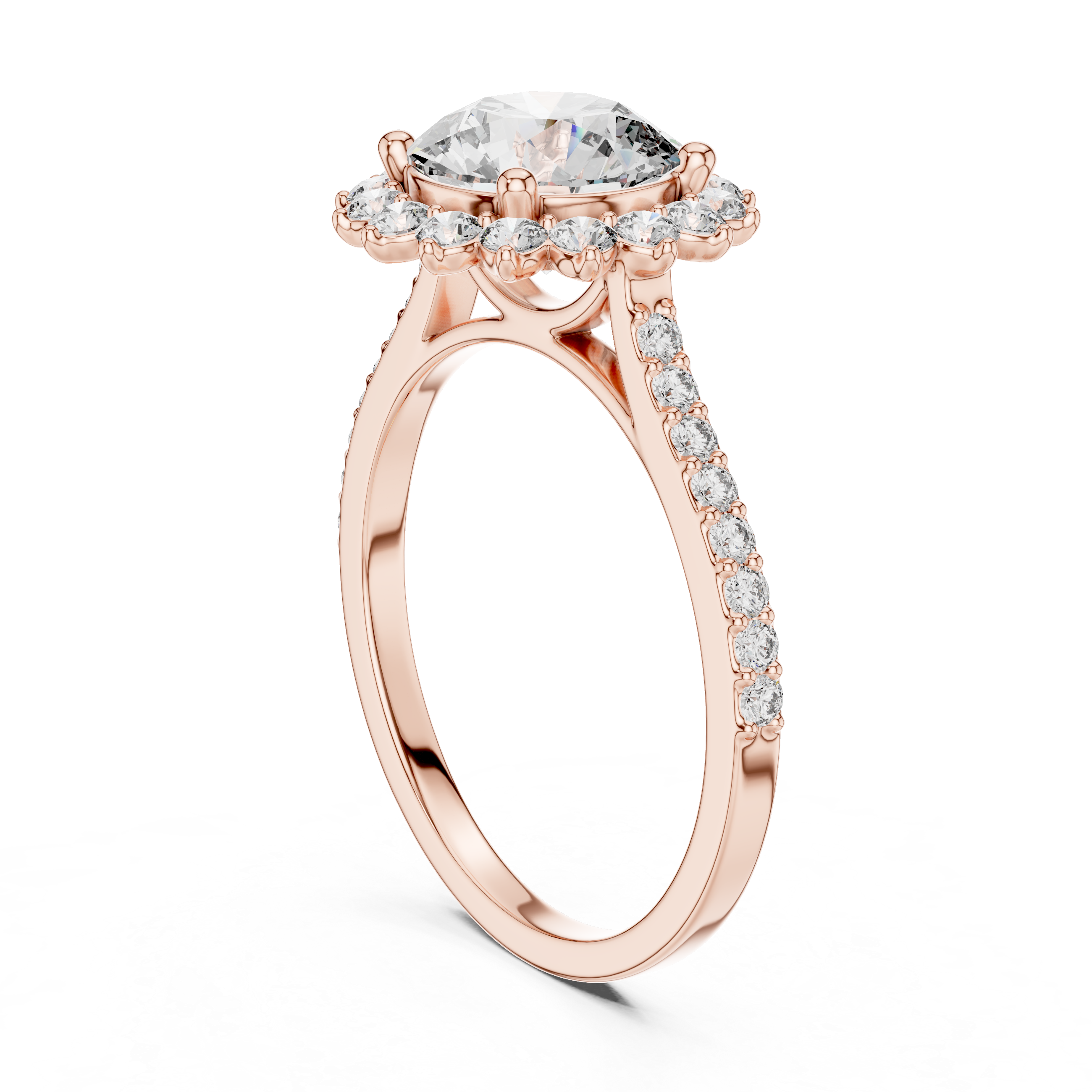 Rose gold ring with a large central diamond and smaller diamonds on the band against a white background