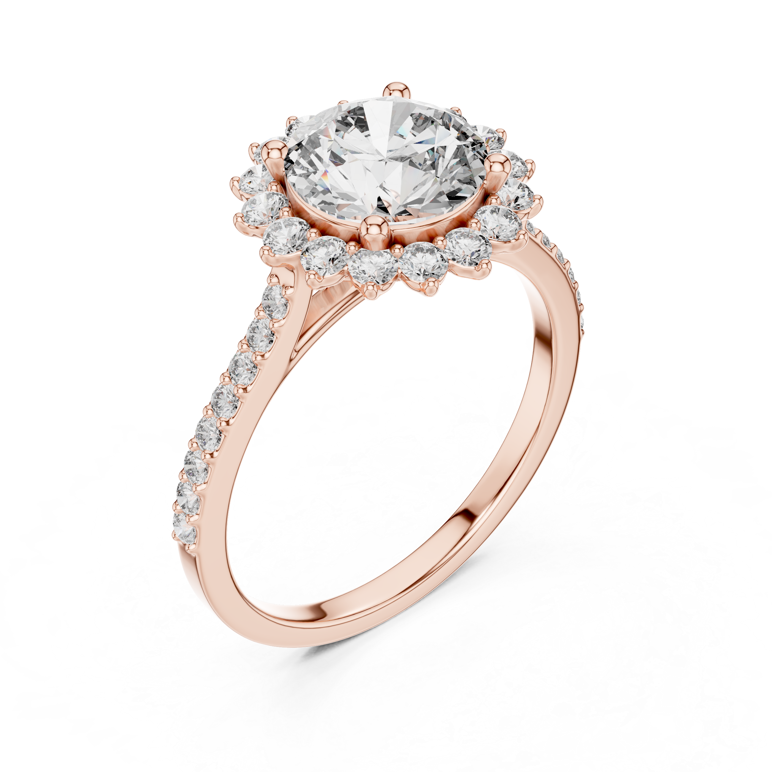 Rose gold ring with a large diamond and smaller diamonds on the band against a white background