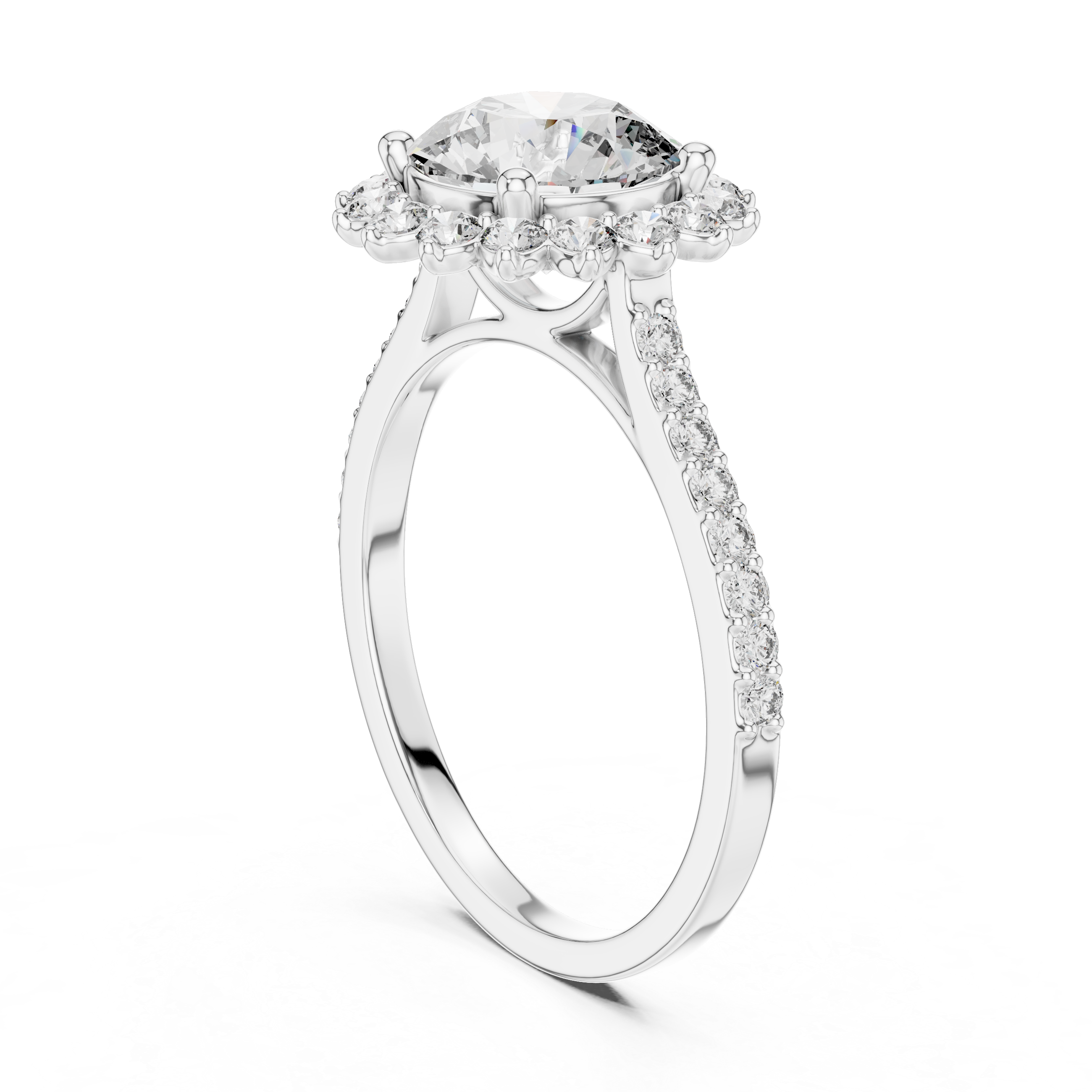 Diamond ring with a white gold band on a white background