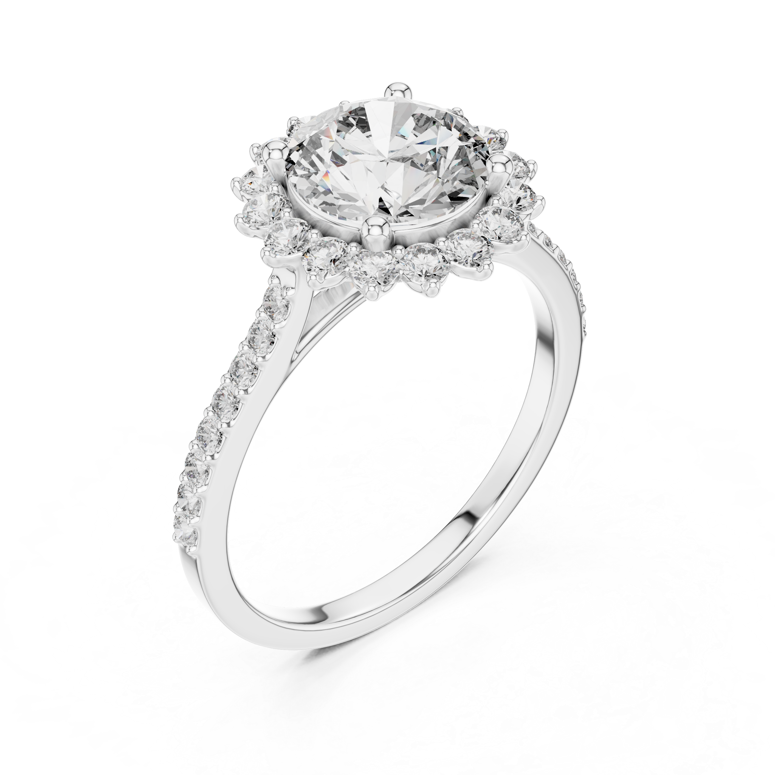 Diamond ring with a halo on a white background
