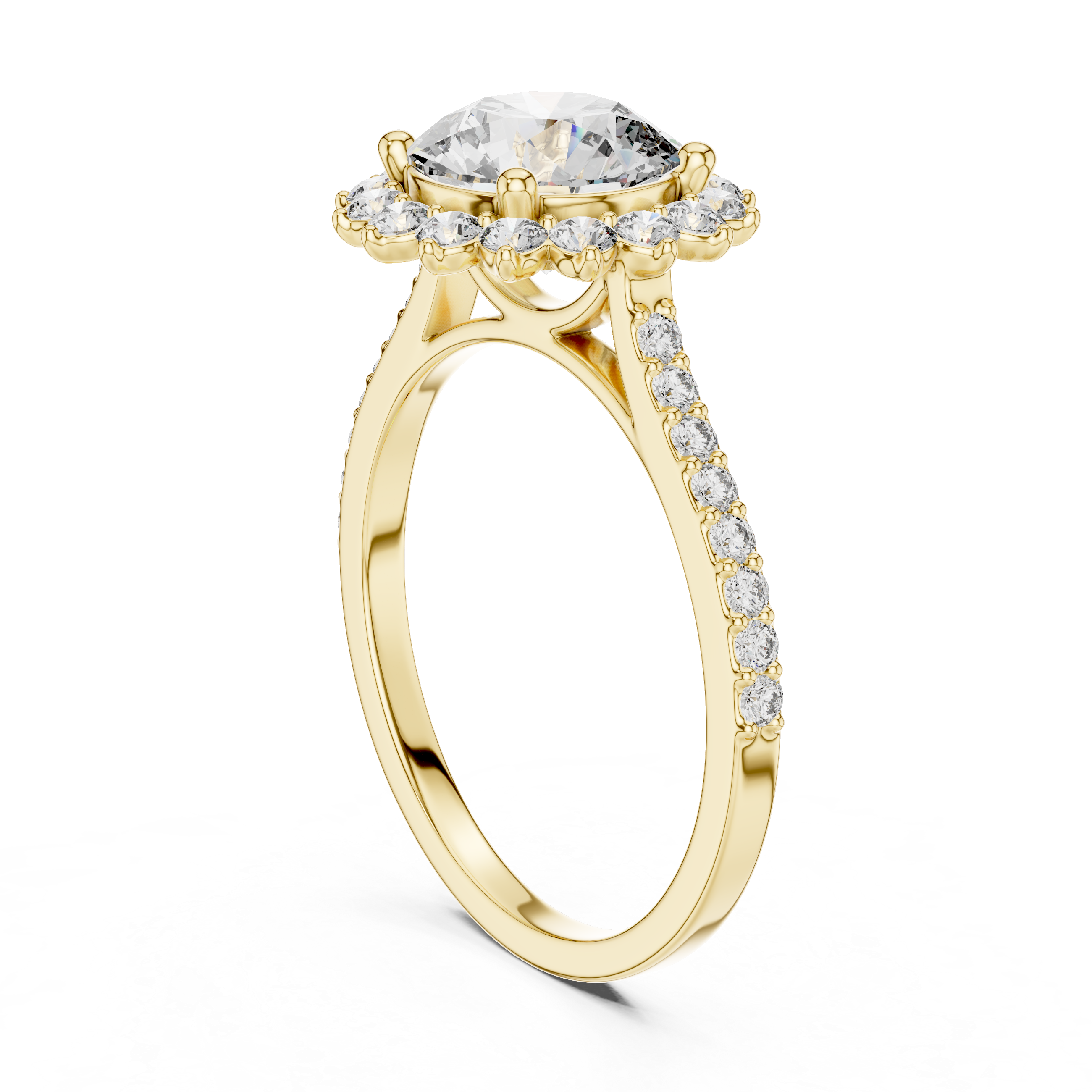 Gold ring with a large central diamond and smaller diamonds on the band against a white background