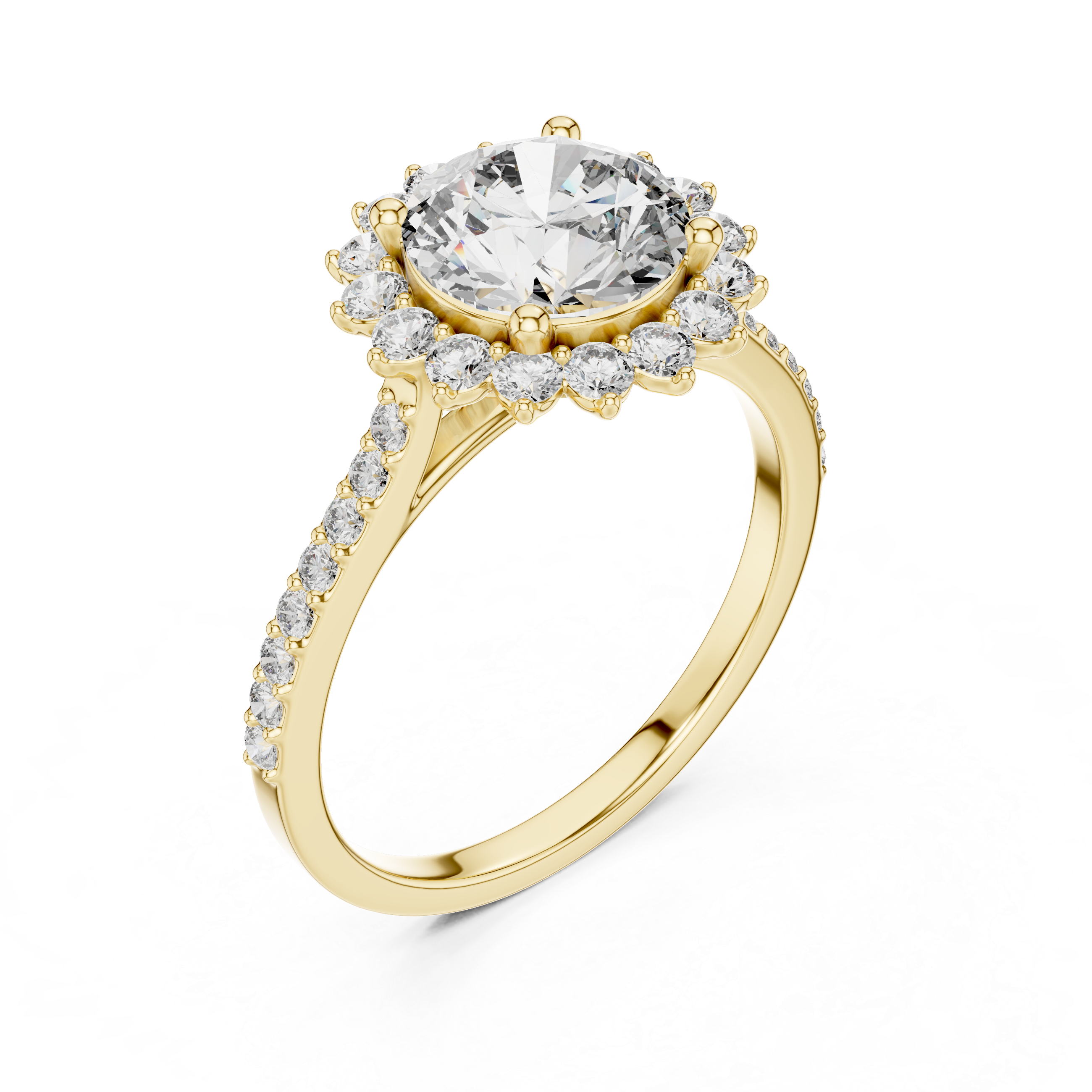 Gold ring with a large diamond and smaller diamonds around on a white background