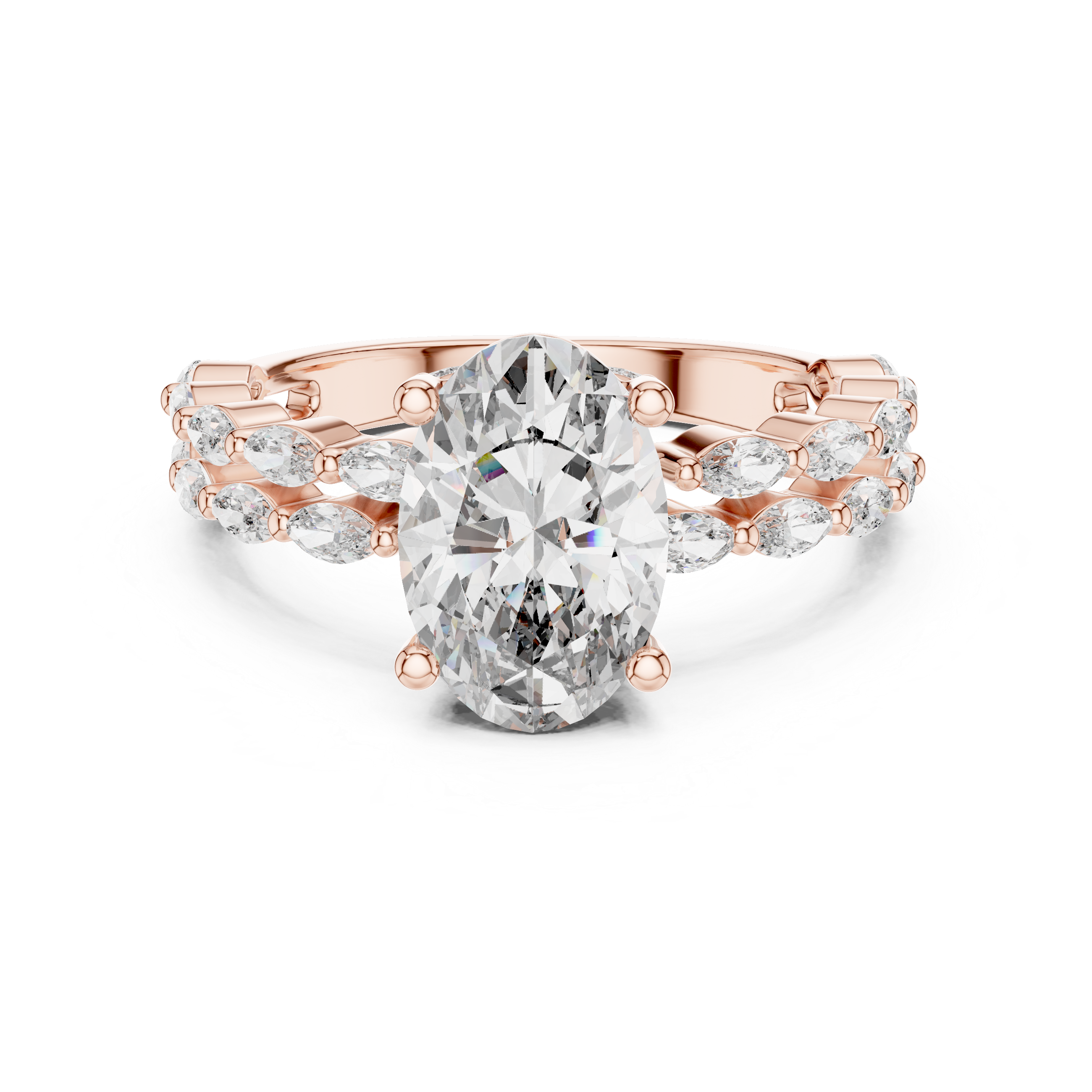 Rose gold ring with a large diamond and smaller diamonds on a white background