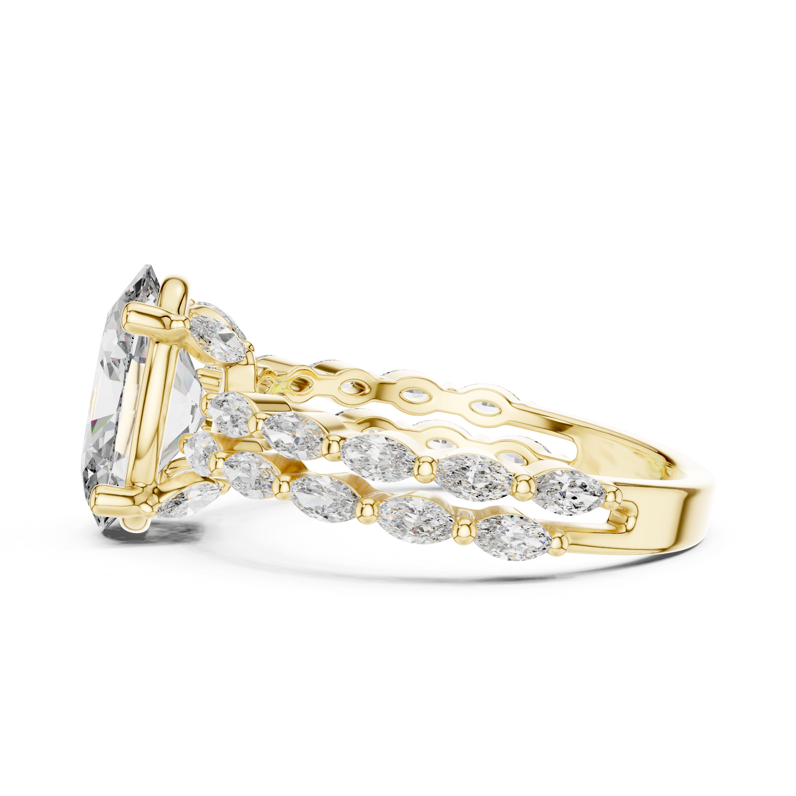 Gold ring with a large diamond and smaller diamonds on a white background