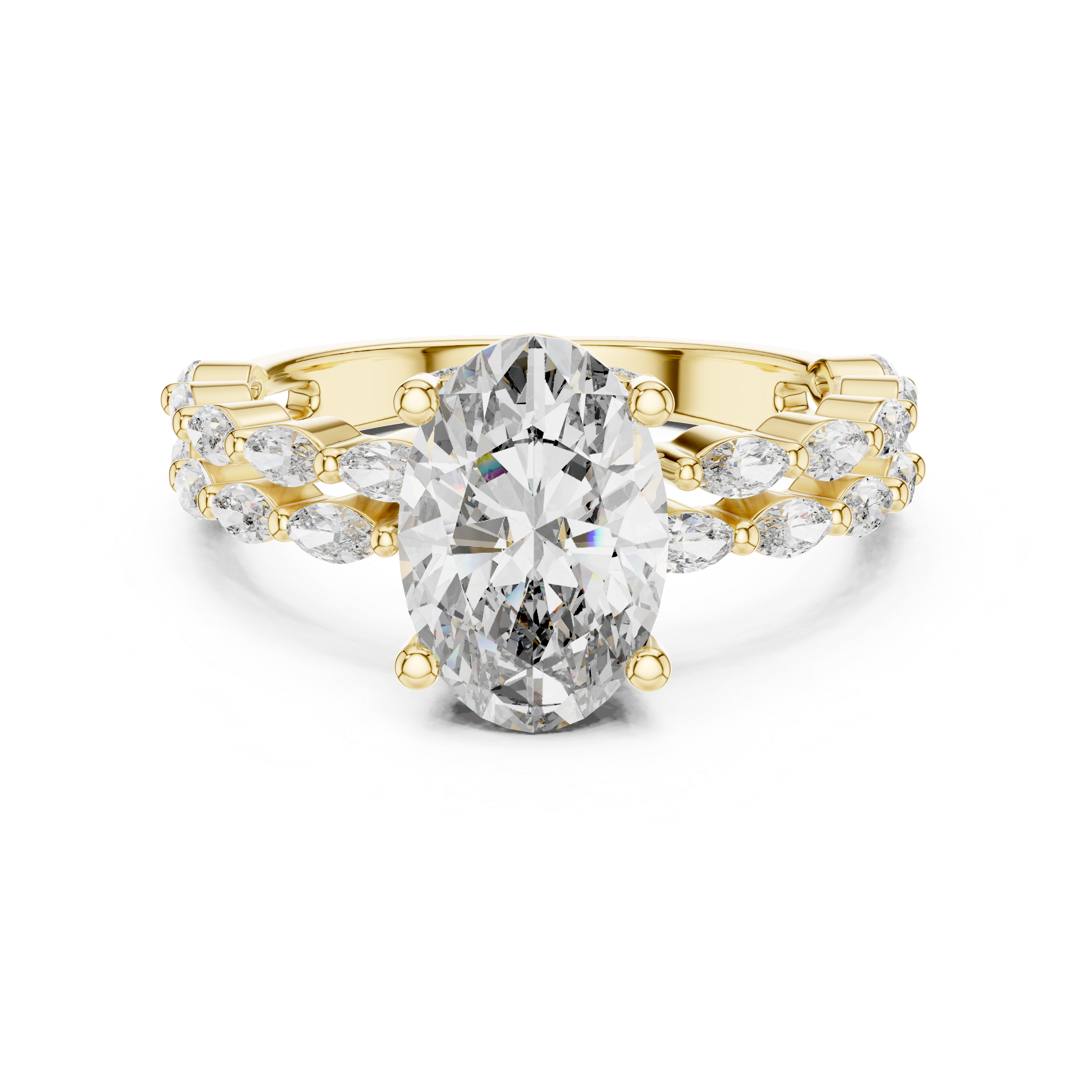 Gold ring with a large diamond and smaller diamonds on a white background
