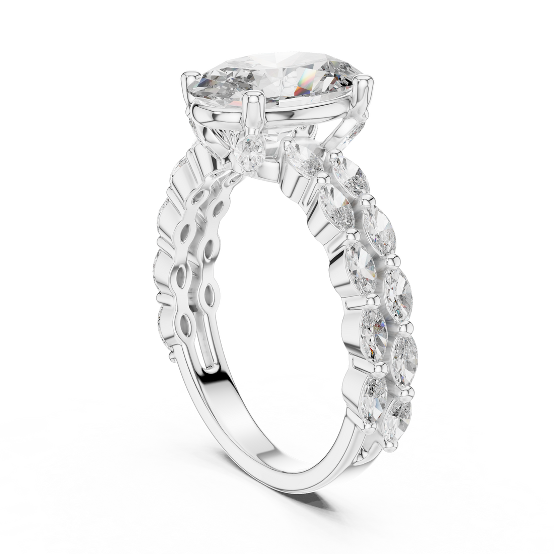 Radiant Marquise Band 2-CT Oval Engagement Ring in 14-KT White Gold