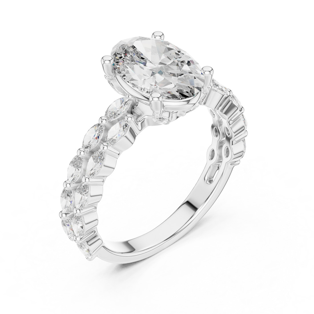 Radiant Marquise Band 2-CT Oval Engagement Ring in 14-KT White Gold