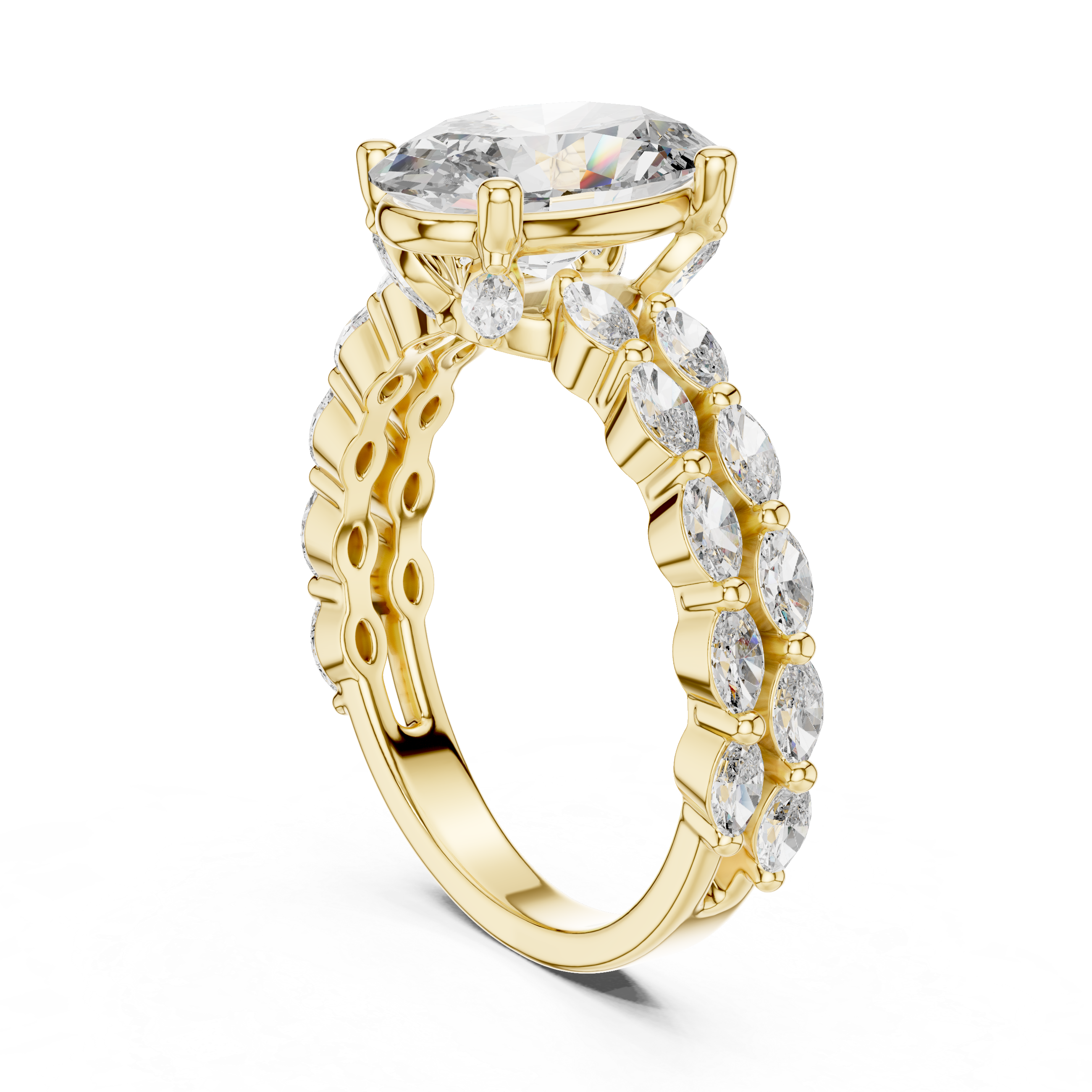 Gold ring with a large diamond and smaller diamonds on a white background