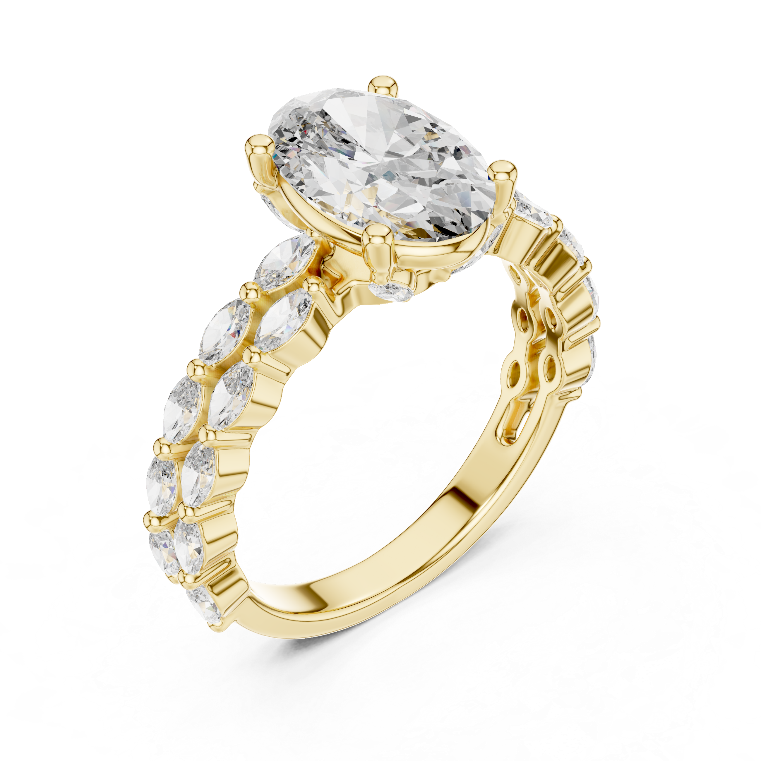 Gold ring with a large diamond and smaller stones on a white background