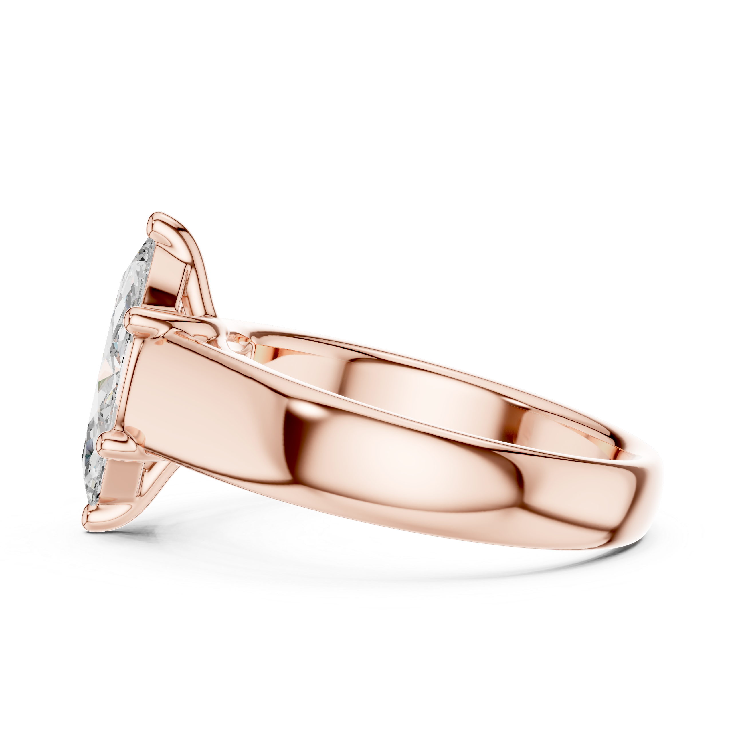 Rose gold ring with a diamond on a white background