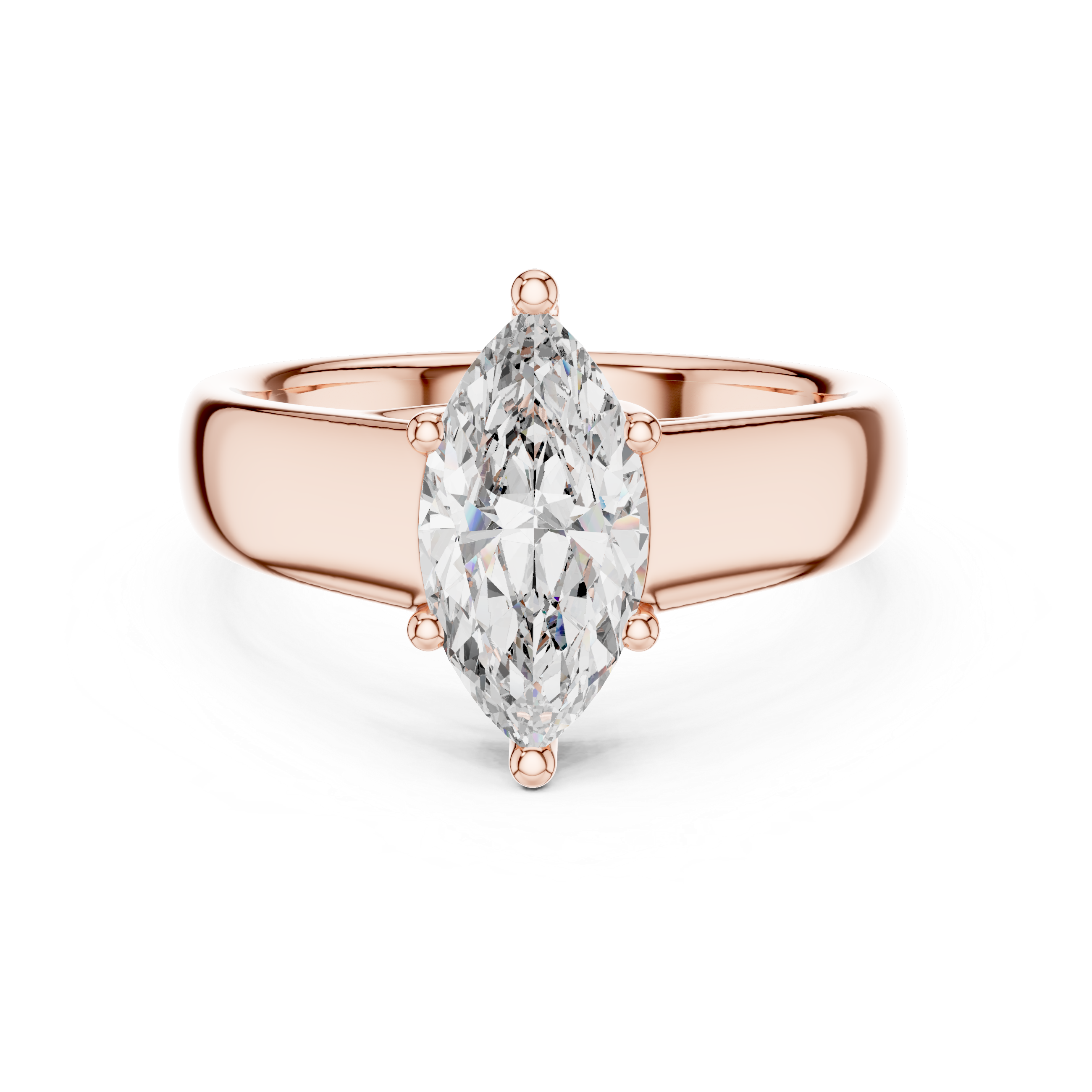 Rose gold ring with a pear-shaped diamond on a white background