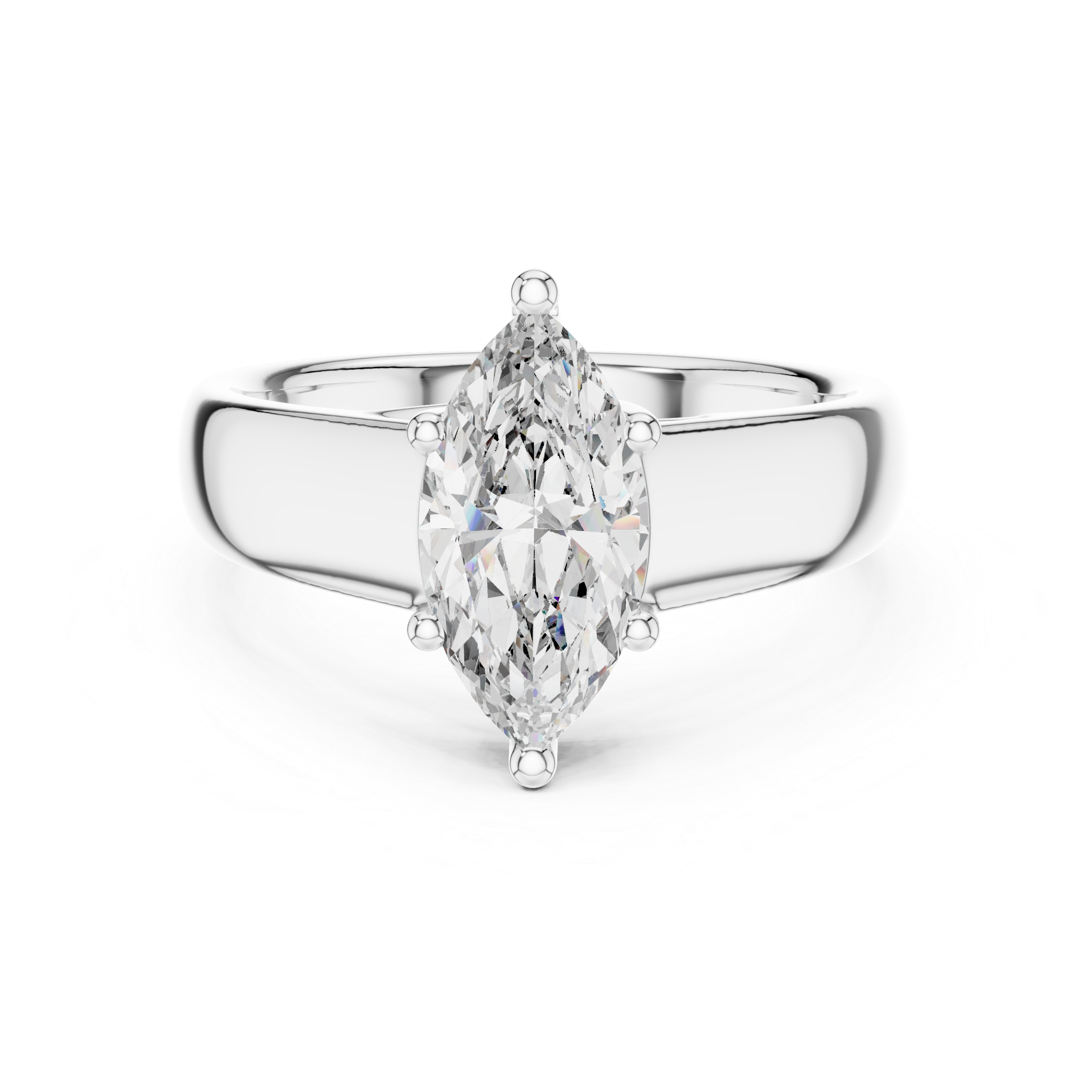 Silver ring with a marquise-shaped diamond on a white background