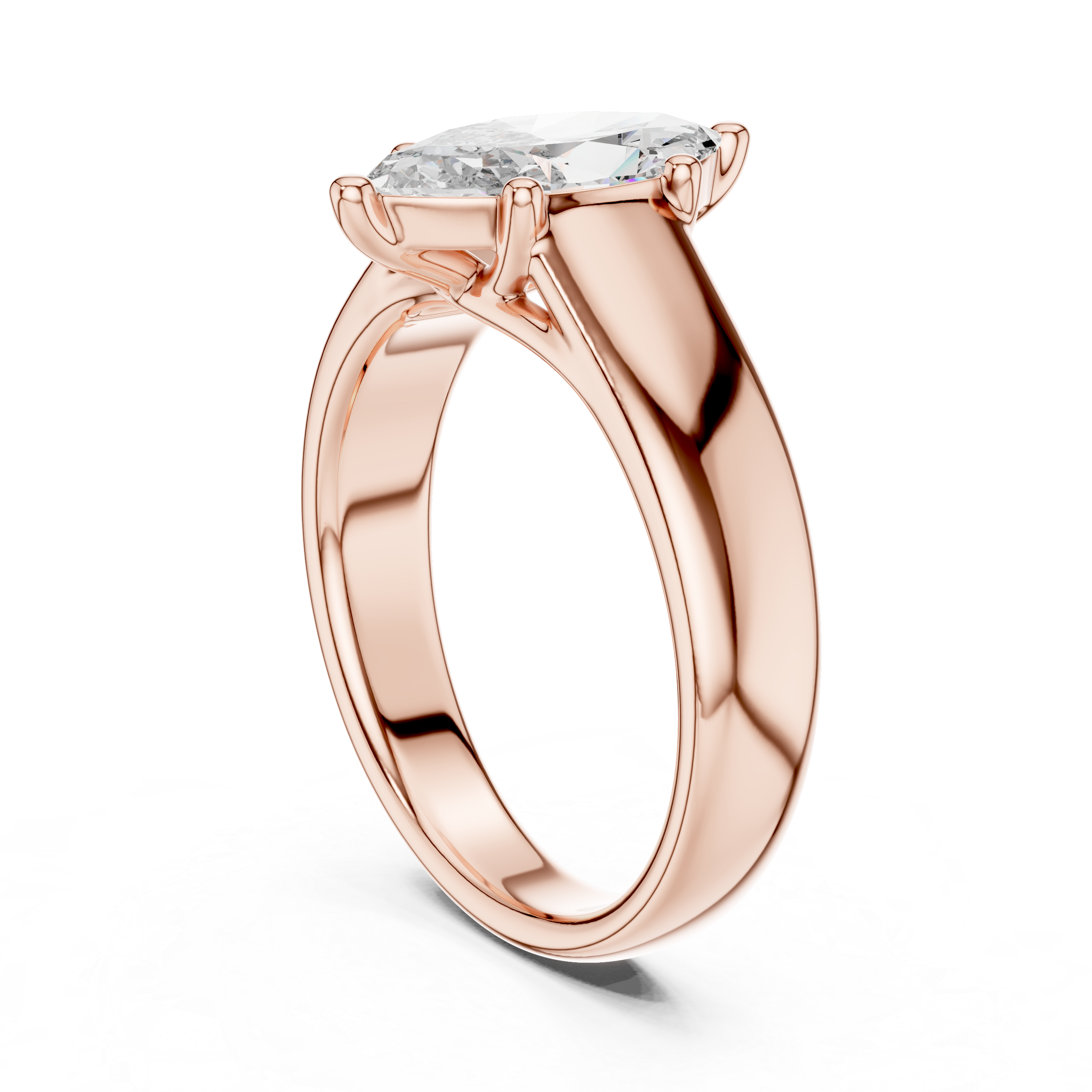 Rose gold ring with a large diamond on a white background