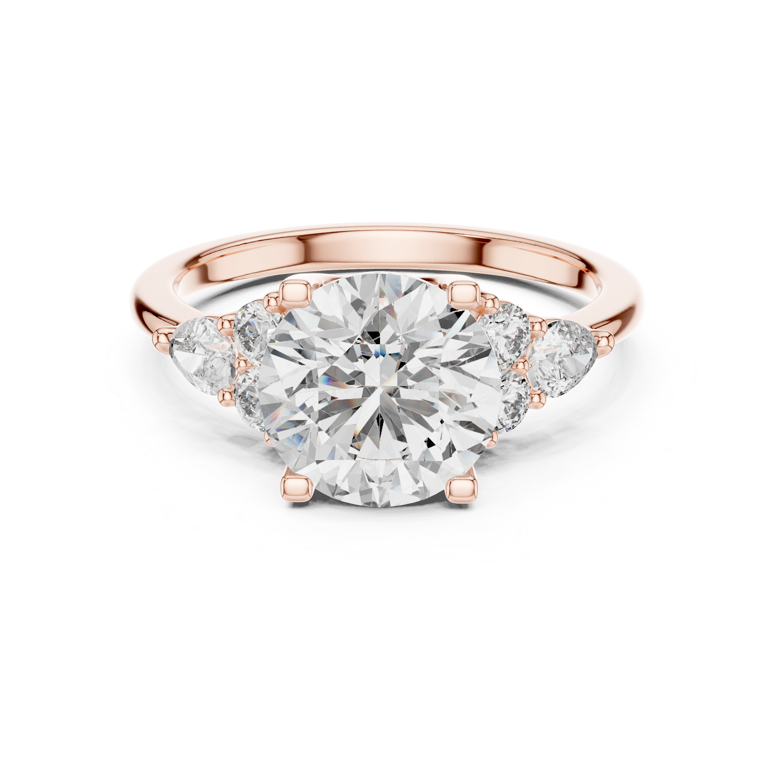 Rose gold ring with a large diamond and smaller diamonds on the sides against a white background