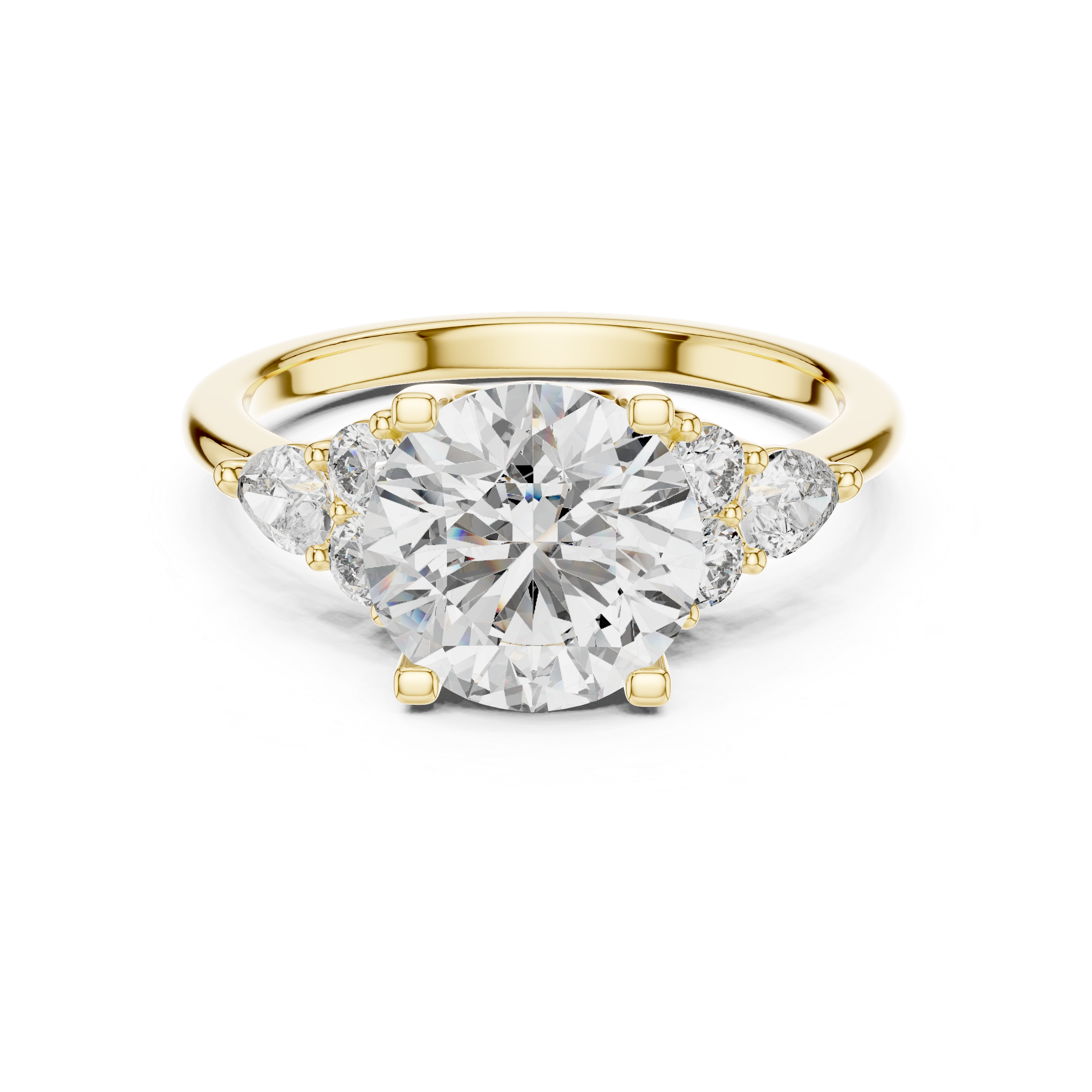 Gold ring with a large diamond and smaller diamonds on the sides against a white background
