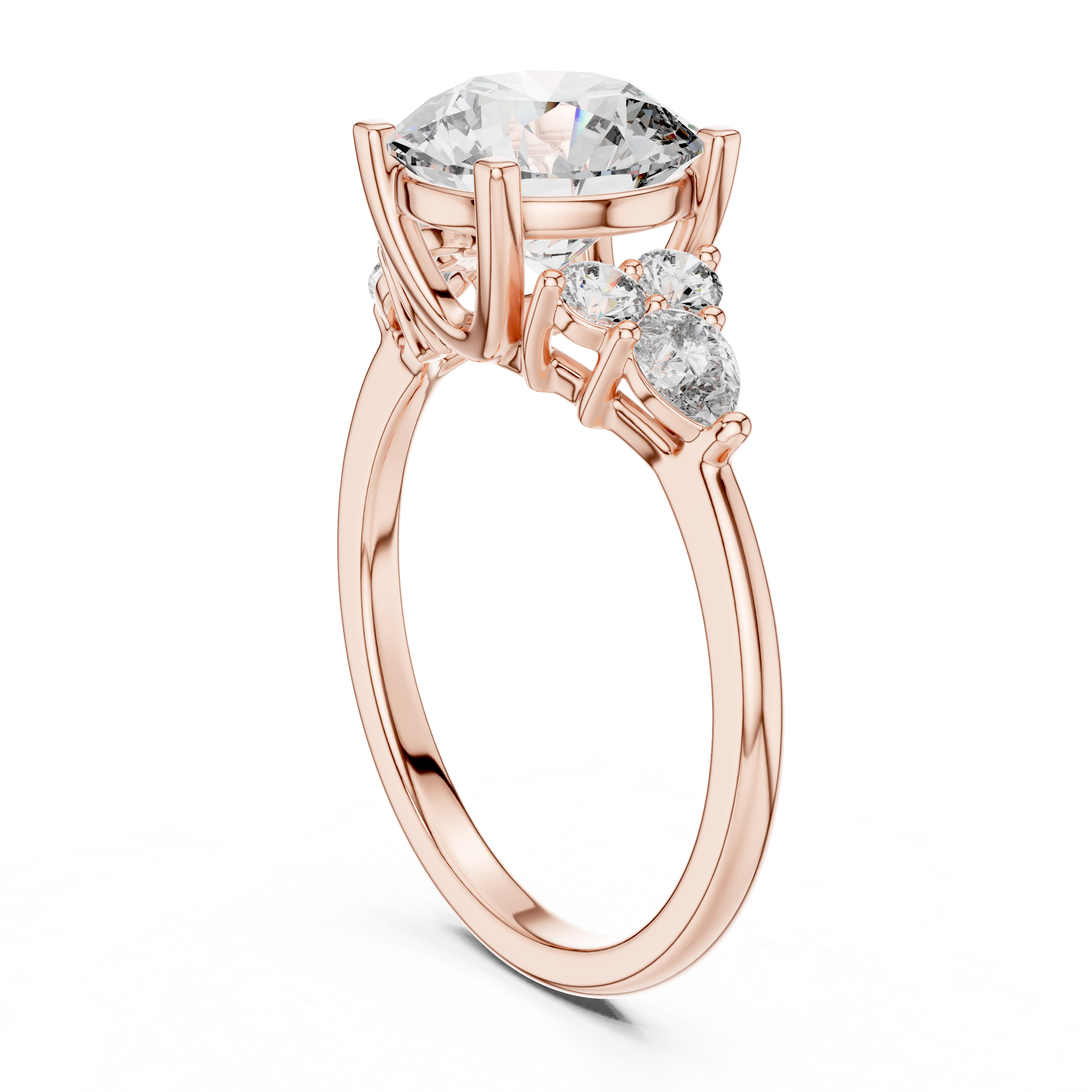Rose gold ring with three diamonds on a white background