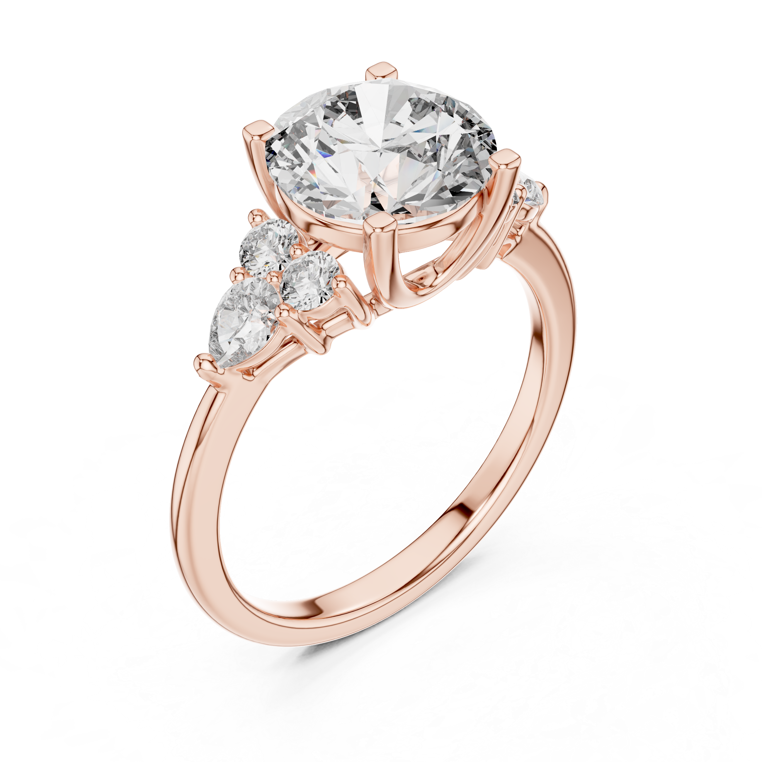 Rose gold ring with three diamonds on a white background