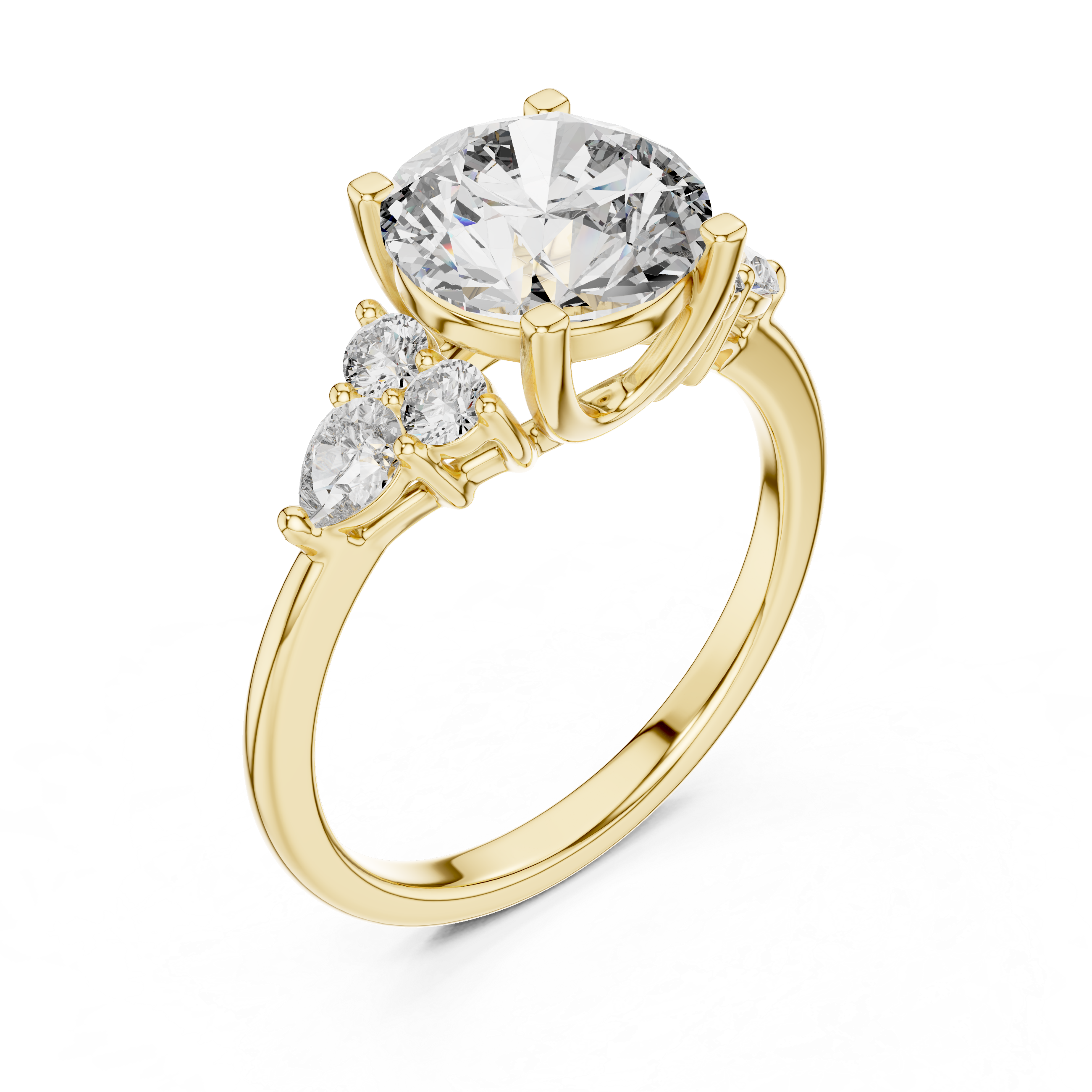Gold ring with a large central diamond and two smaller diamonds on a white background