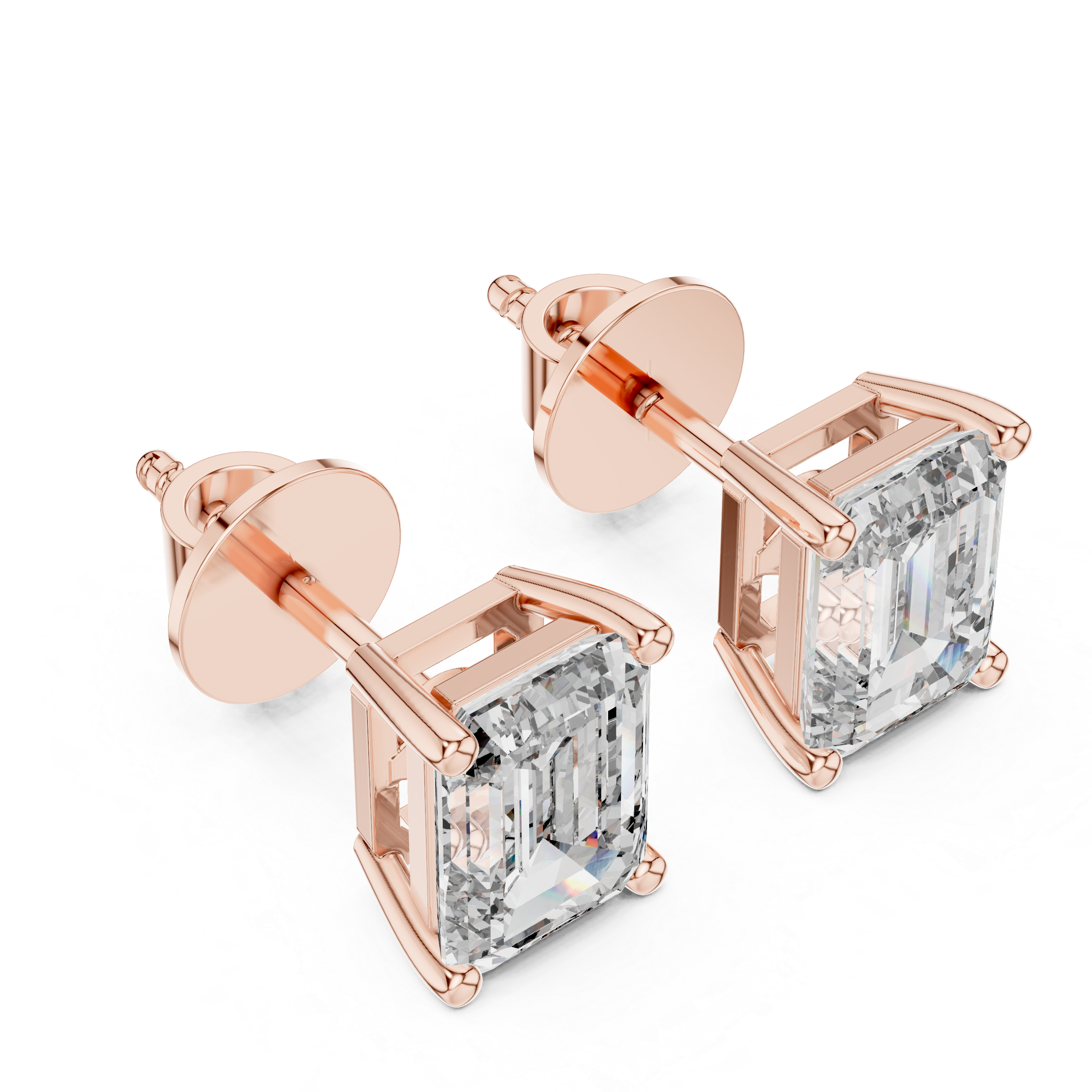 Rose gold earrings with clear gemstones on a white background