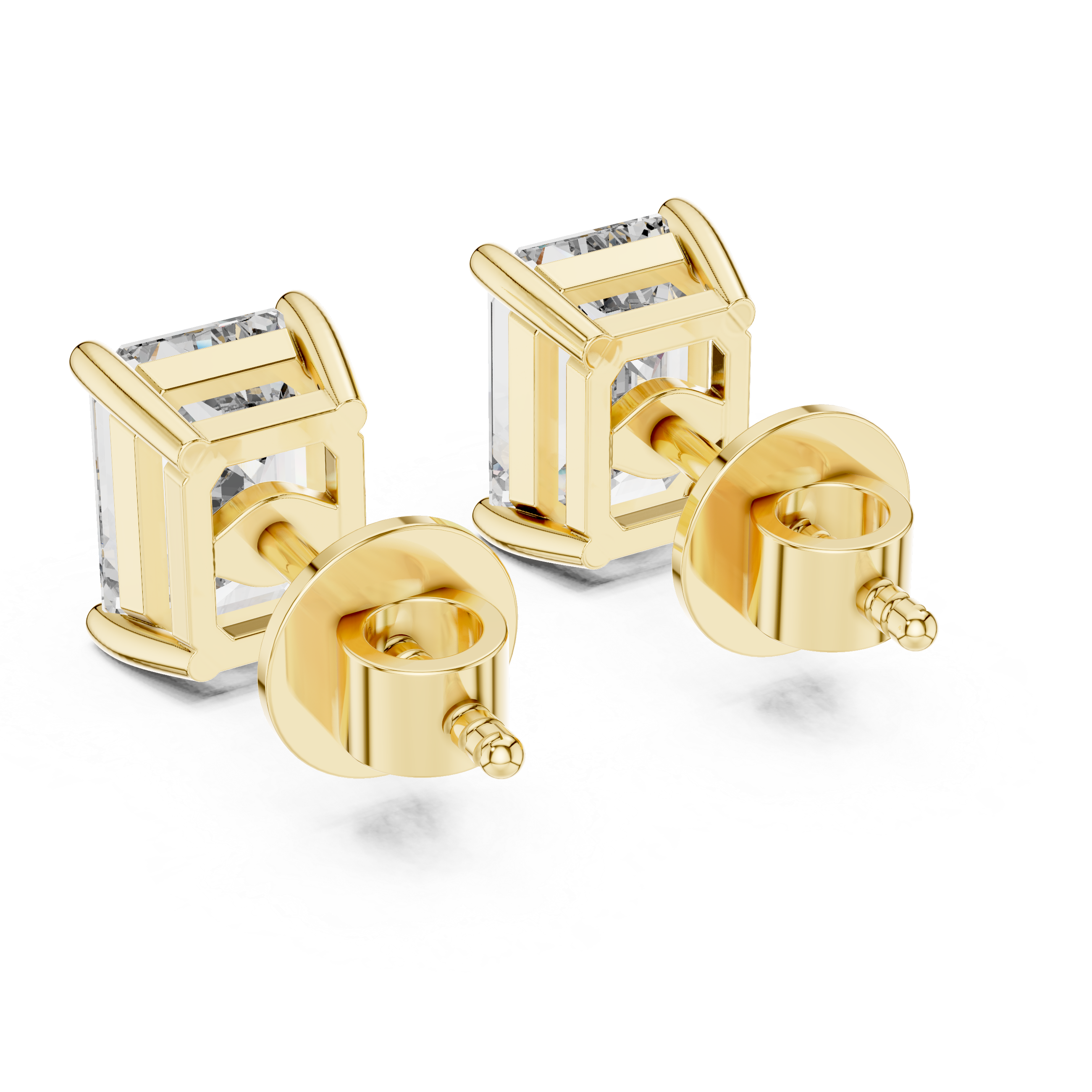 Gold stud earrings with clear gemstones on a white background