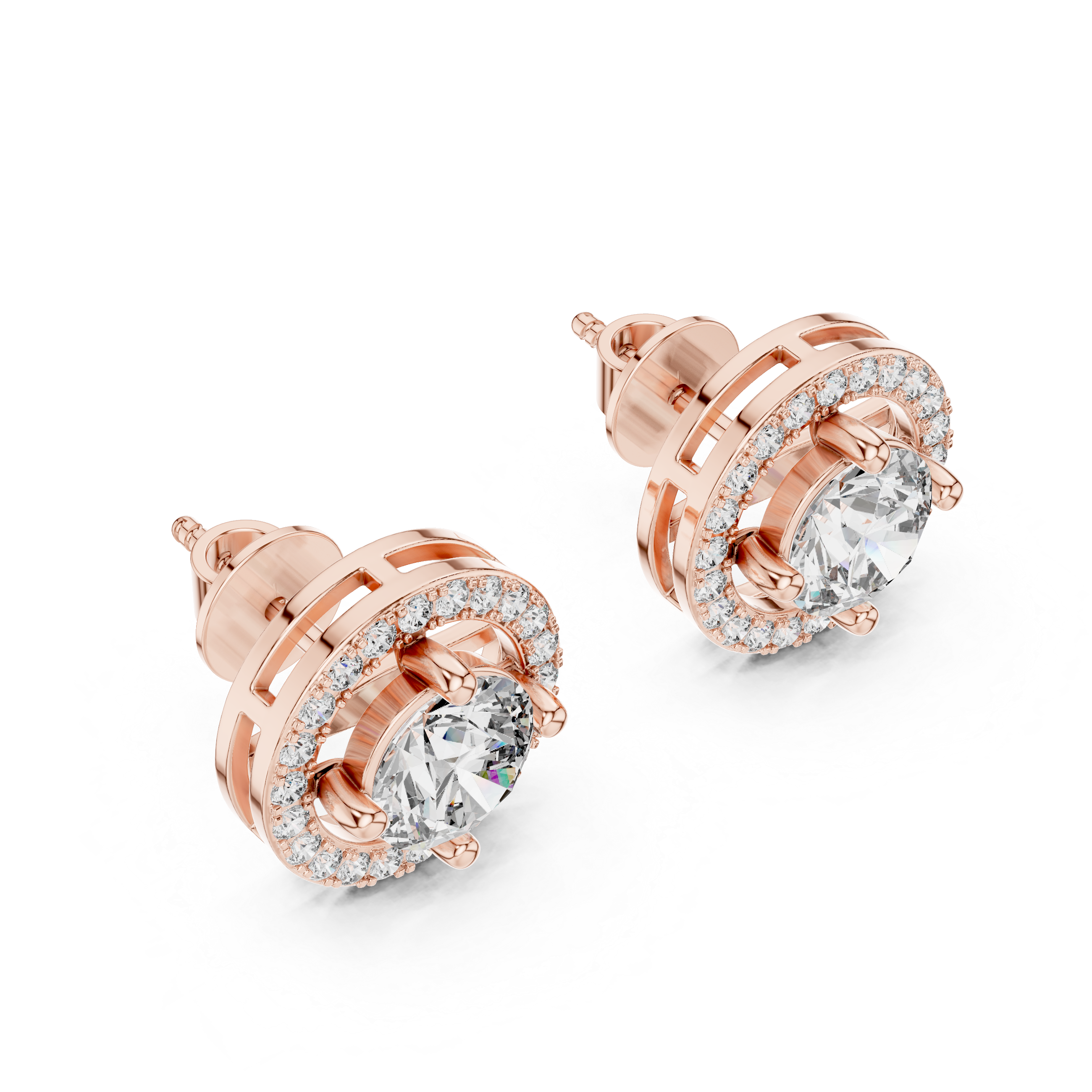 Rose gold earrings with clear gemstones on a white background